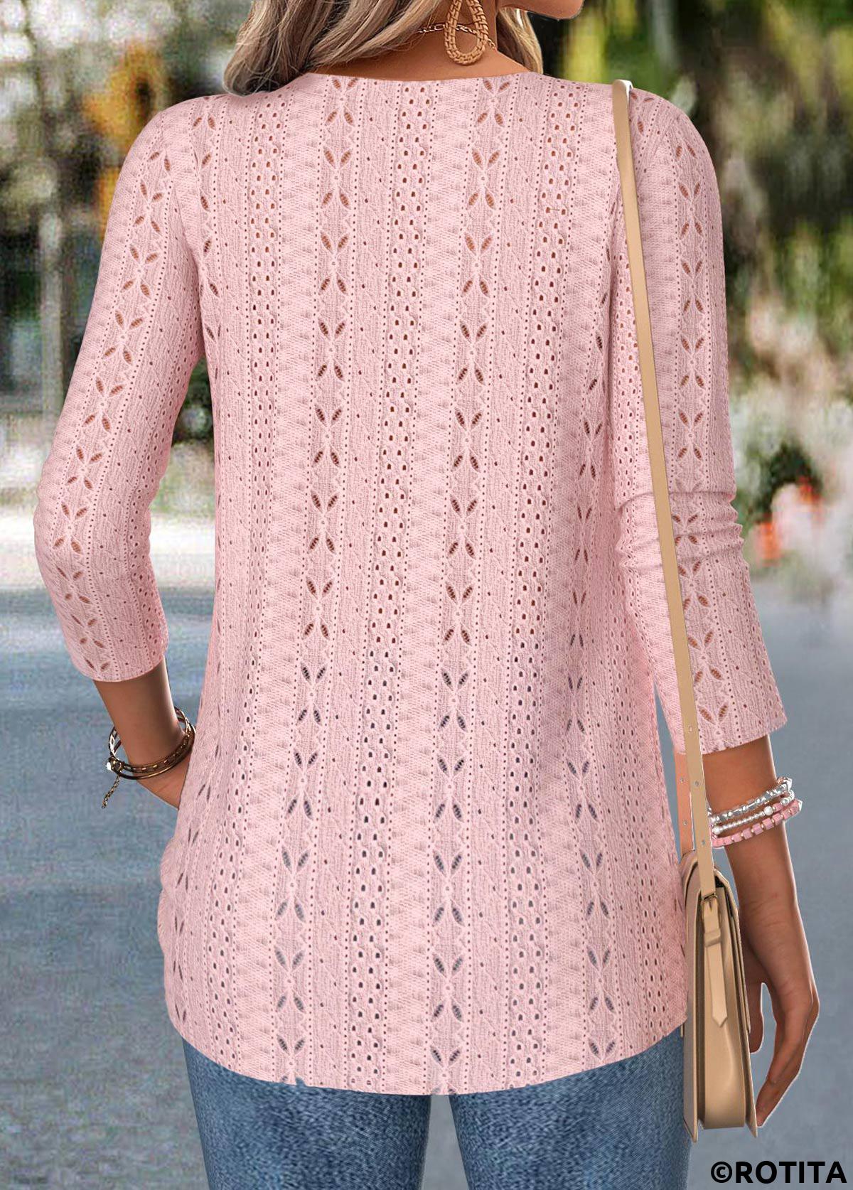 Pink tops,Plain Color tops,ROTITA Pink 3/4 Sleeve Fake Two Piece Twinset