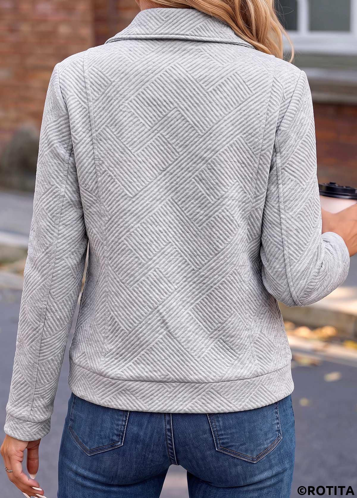 Light Grey tops,Plain Color tops,ROTITA Patchwork Light Grey Lapel Long Sleeve Jacket