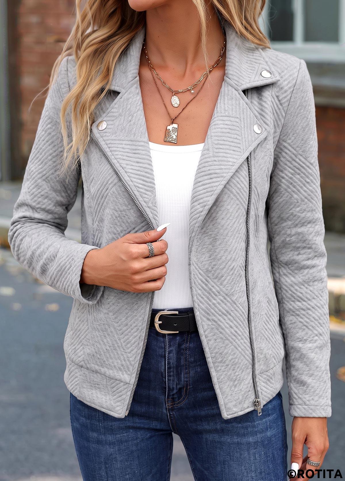 Light Grey tops,Plain Color tops,ROTITA Patchwork Light Grey Lapel Long Sleeve Jacket