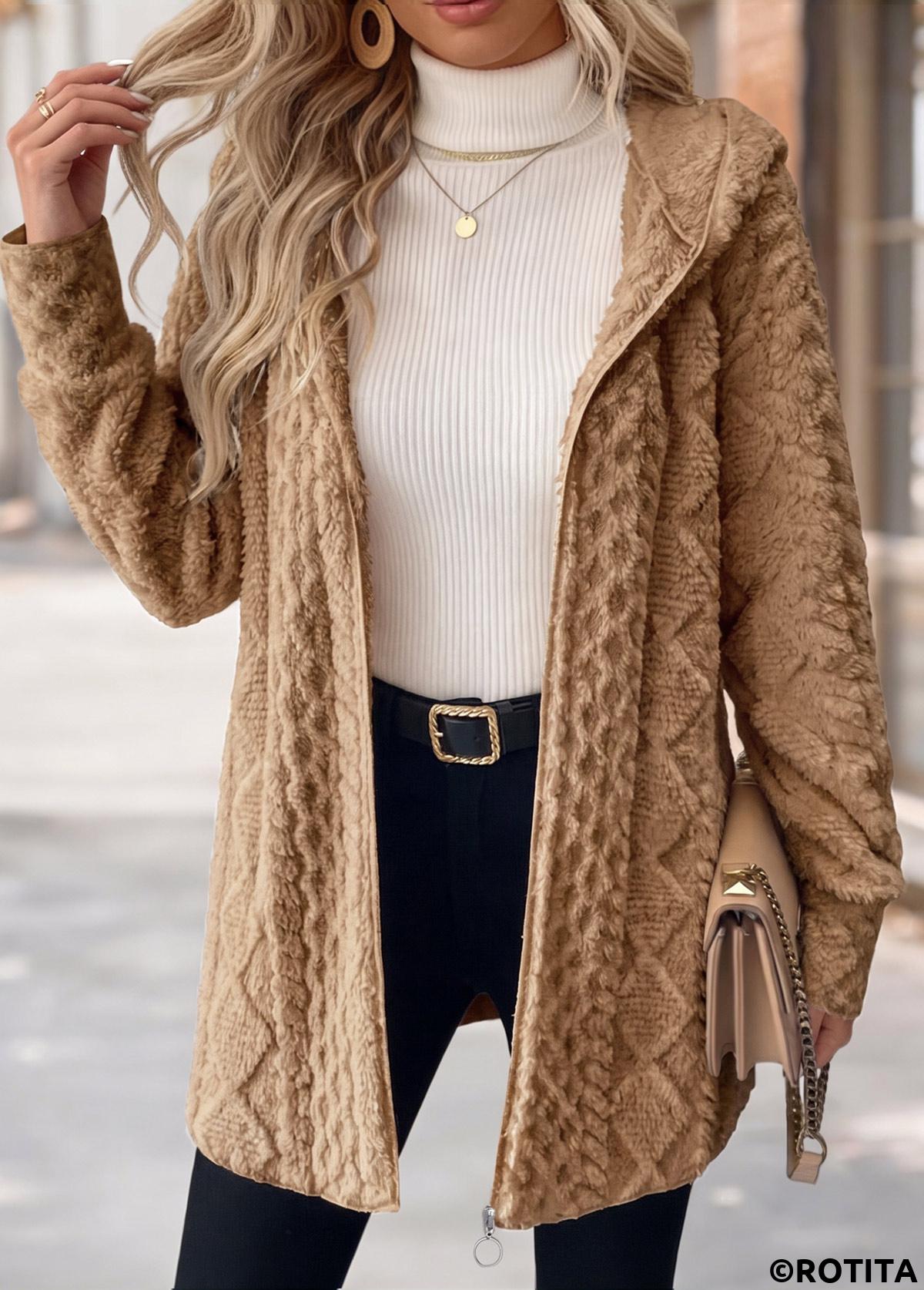 Light Coffee tops,Plain Color tops,ROTITA Tummy Coverage Light Coffee Hooded Long Sleeve Coat
