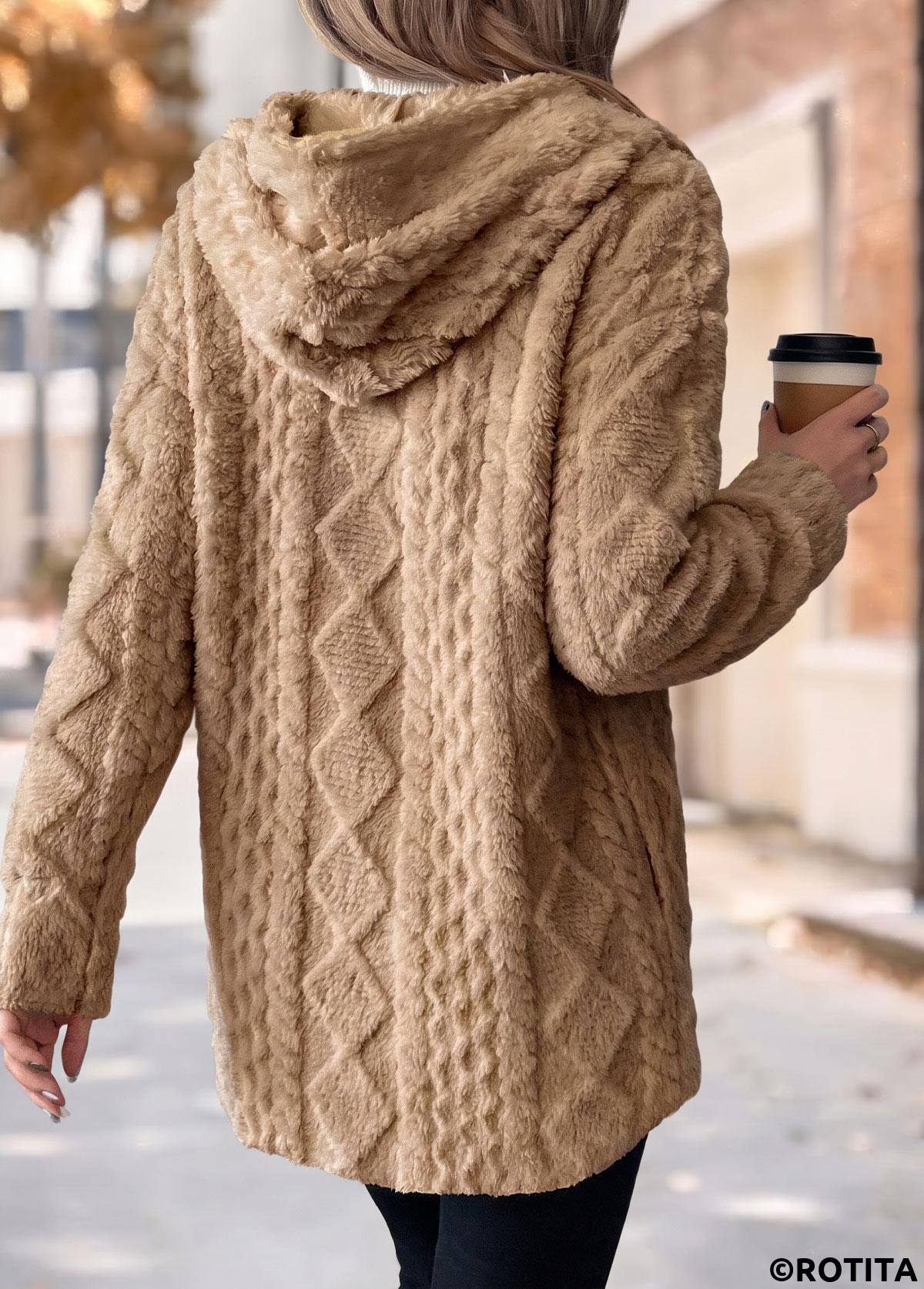 Light Coffee tops,Plain Color tops,ROTITA Tummy Coverage Light Coffee Hooded Long Sleeve Coat