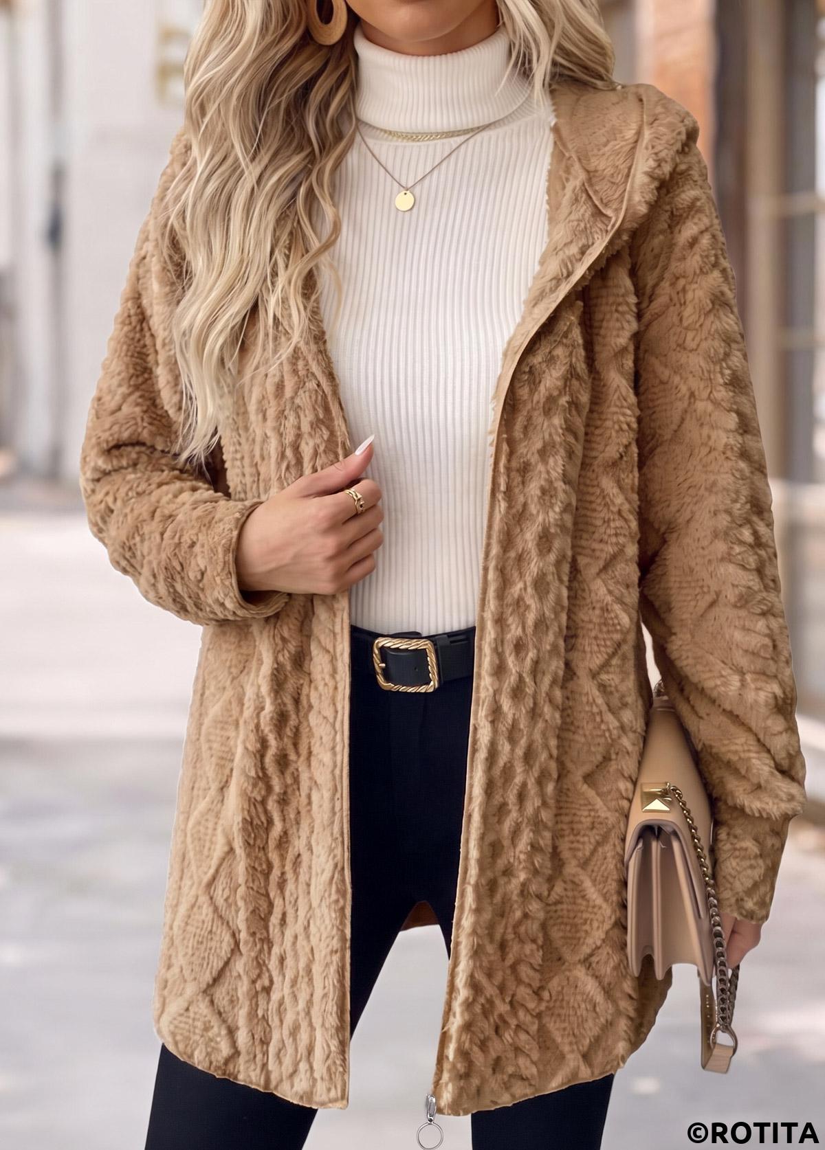 Light Coffee tops,Plain Color tops,ROTITA Tummy Coverage Light Coffee Hooded Long Sleeve Coat