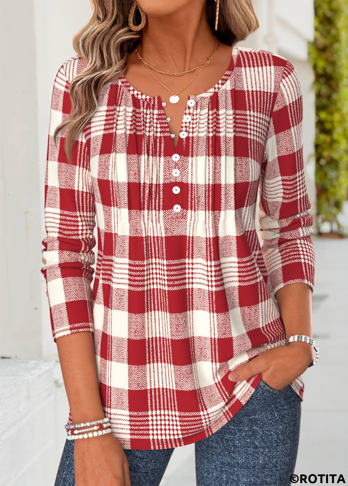 Red tops,Plaid tops,Geometric tops,ROTITA Tuck Stitch Plaid Red Split Neck T Shirt