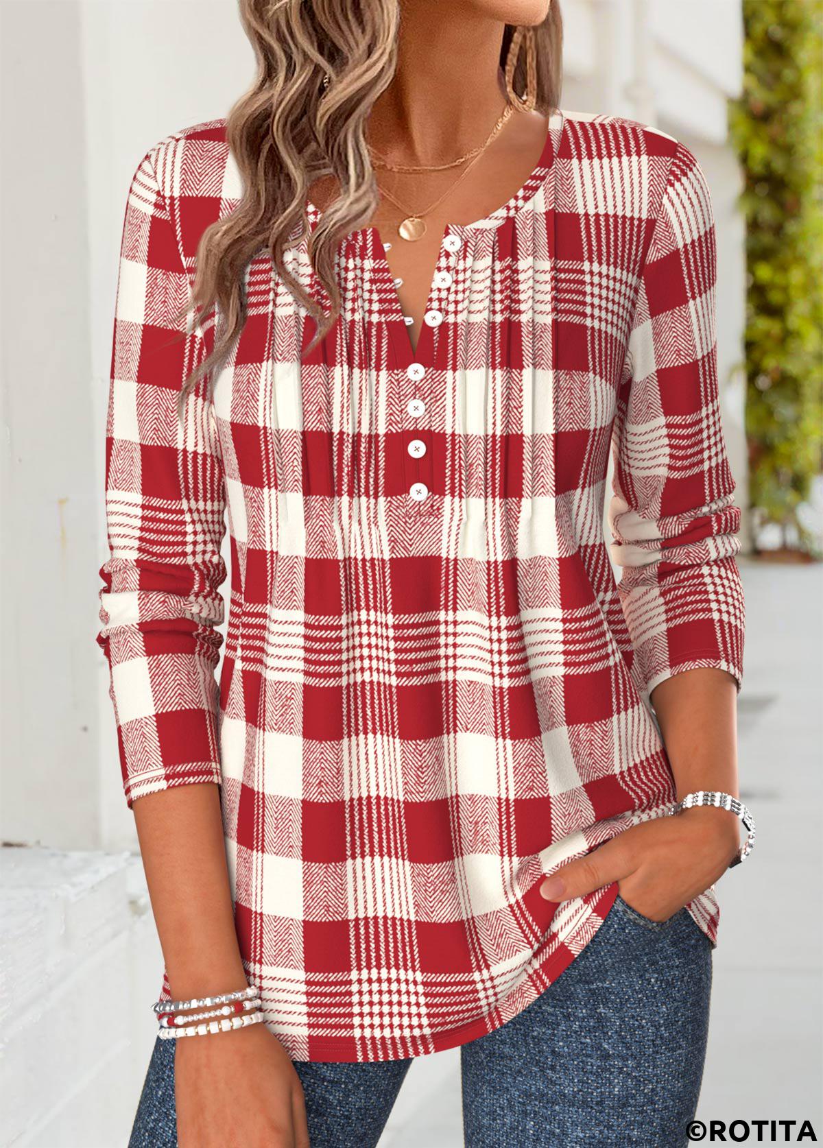 Red tops,Plaid tops,Geometric tops,ROTITA Tuck Stitch Plaid Red Split Neck T Shirt