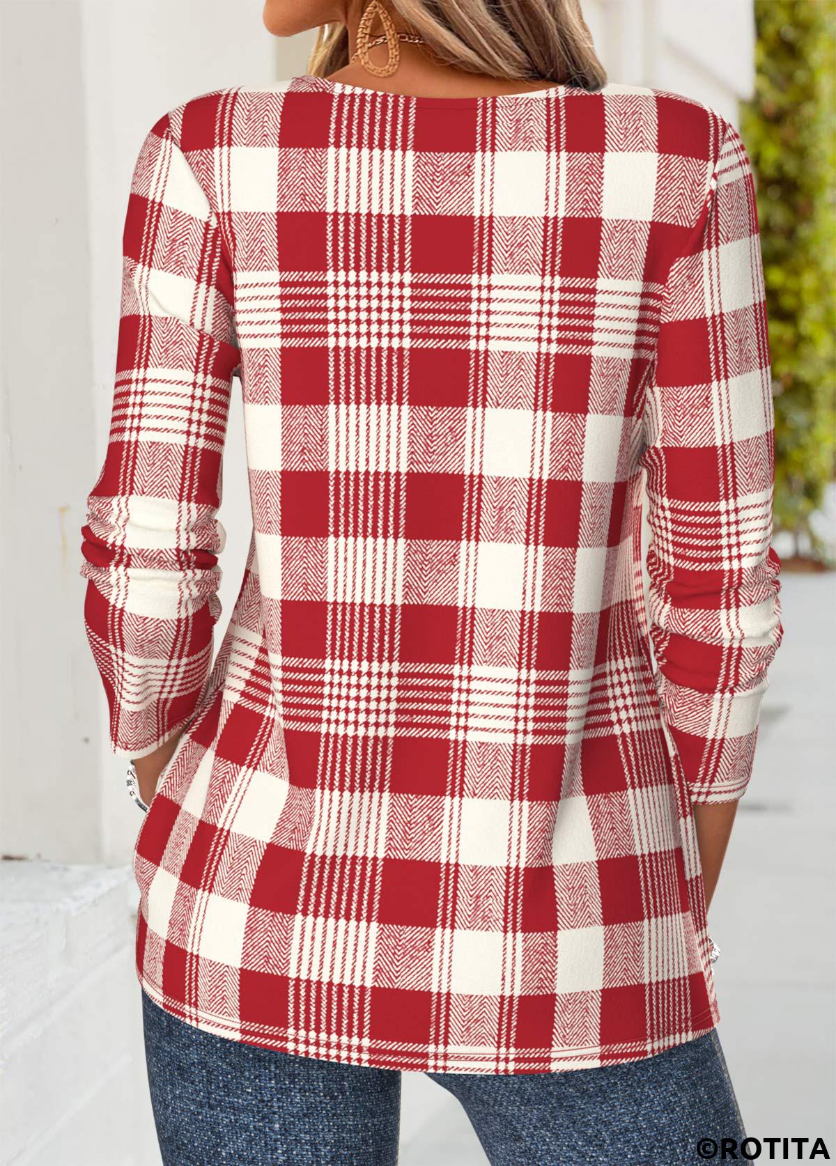 Red tops,Plaid tops,Geometric tops,ROTITA Tuck Stitch Plaid Red Split Neck T Shirt