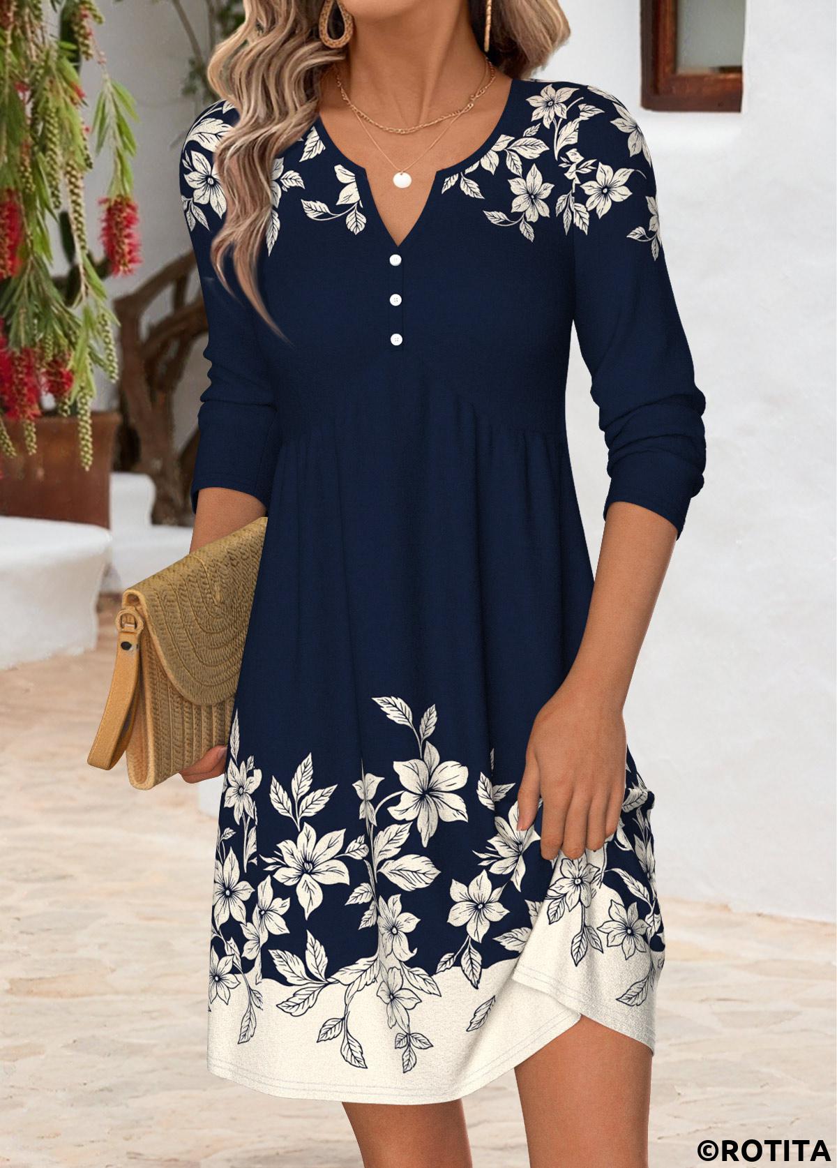 Navy dresses,Floral dresses,Plants dresses,Everyday dresses,Casual dresses,ROTITA Navy Floral Print Tummy Coverage Split Neck Dress