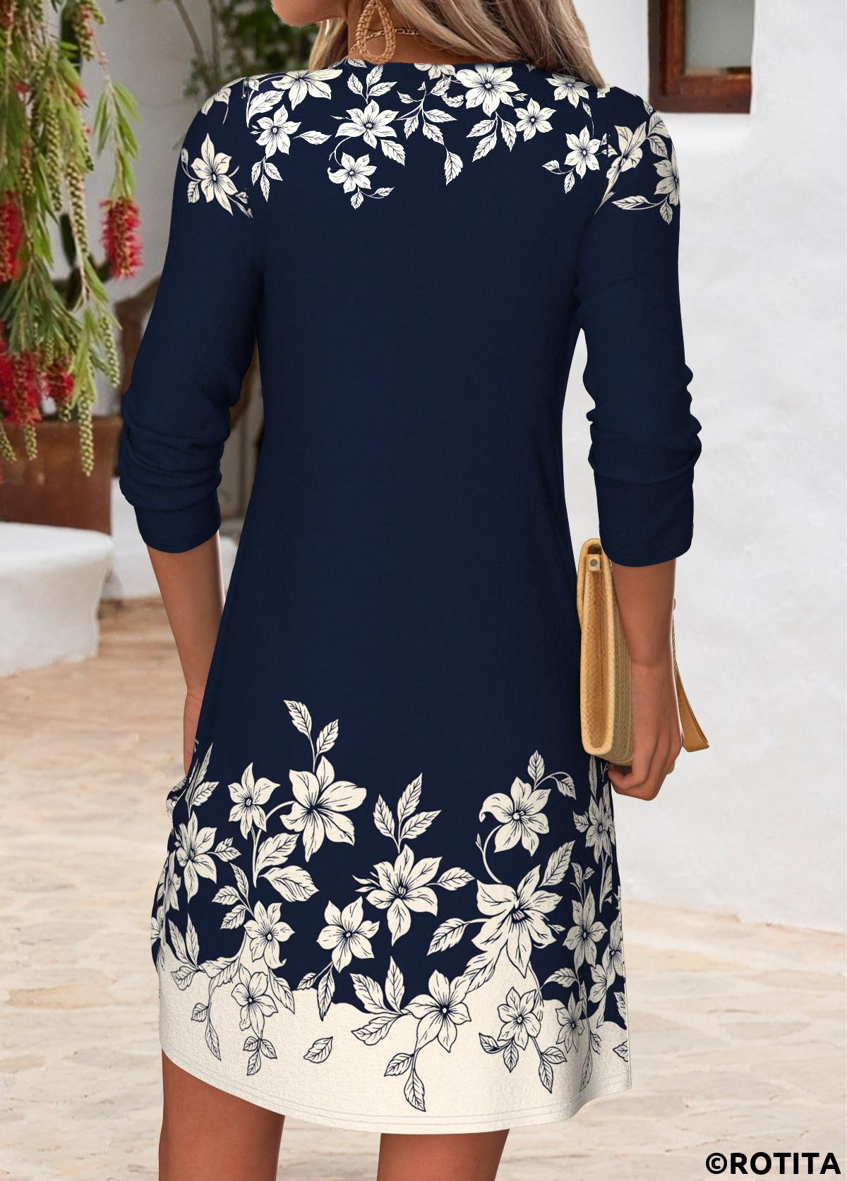 Navy dresses,Floral dresses,Plants dresses,Everyday dresses,Casual dresses,ROTITA Navy Floral Print Tummy Coverage Split Neck Dress