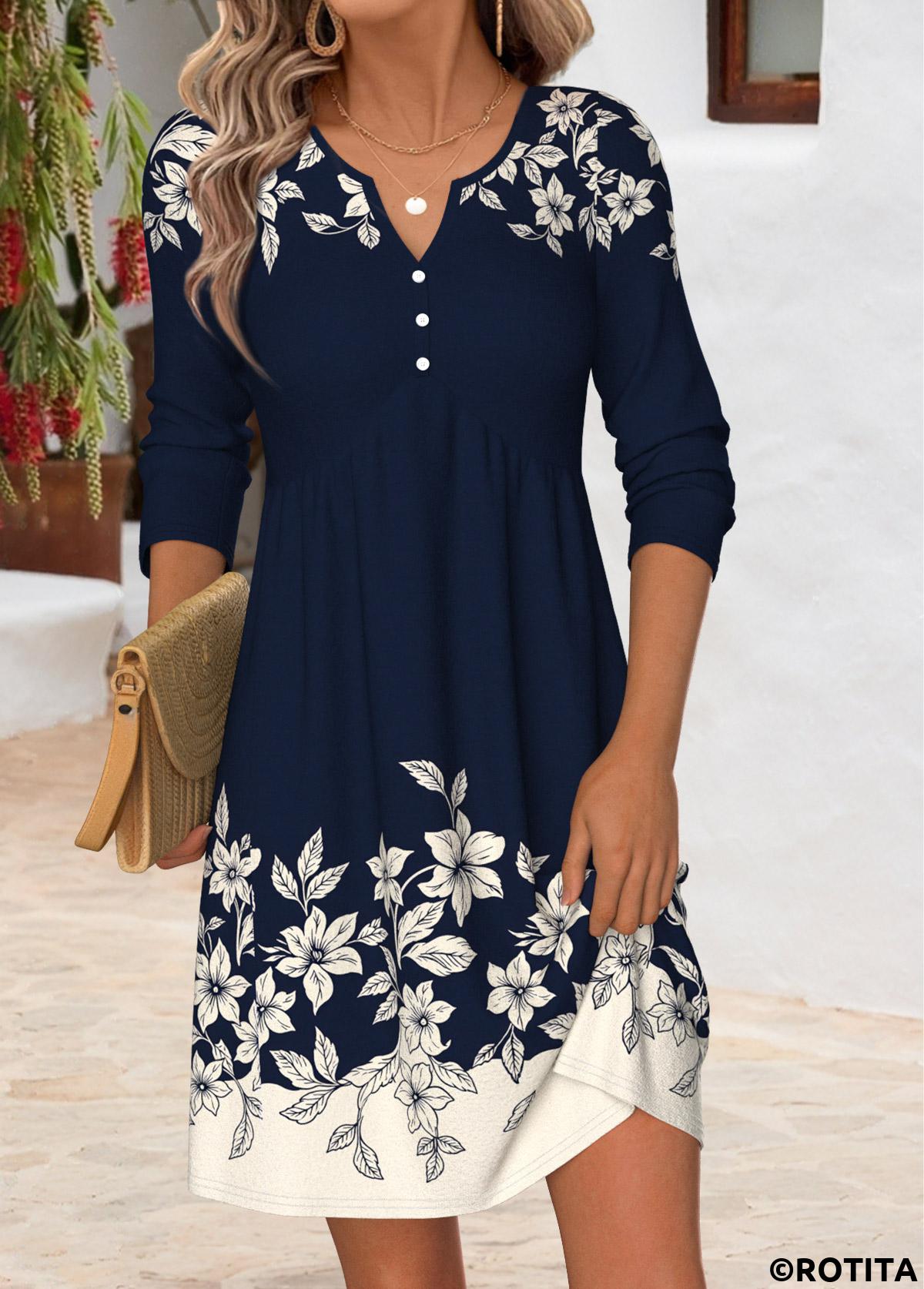Navy dresses,Floral dresses,Plants dresses,Everyday dresses,Casual dresses,ROTITA Navy Floral Print Tummy Coverage Split Neck Dress