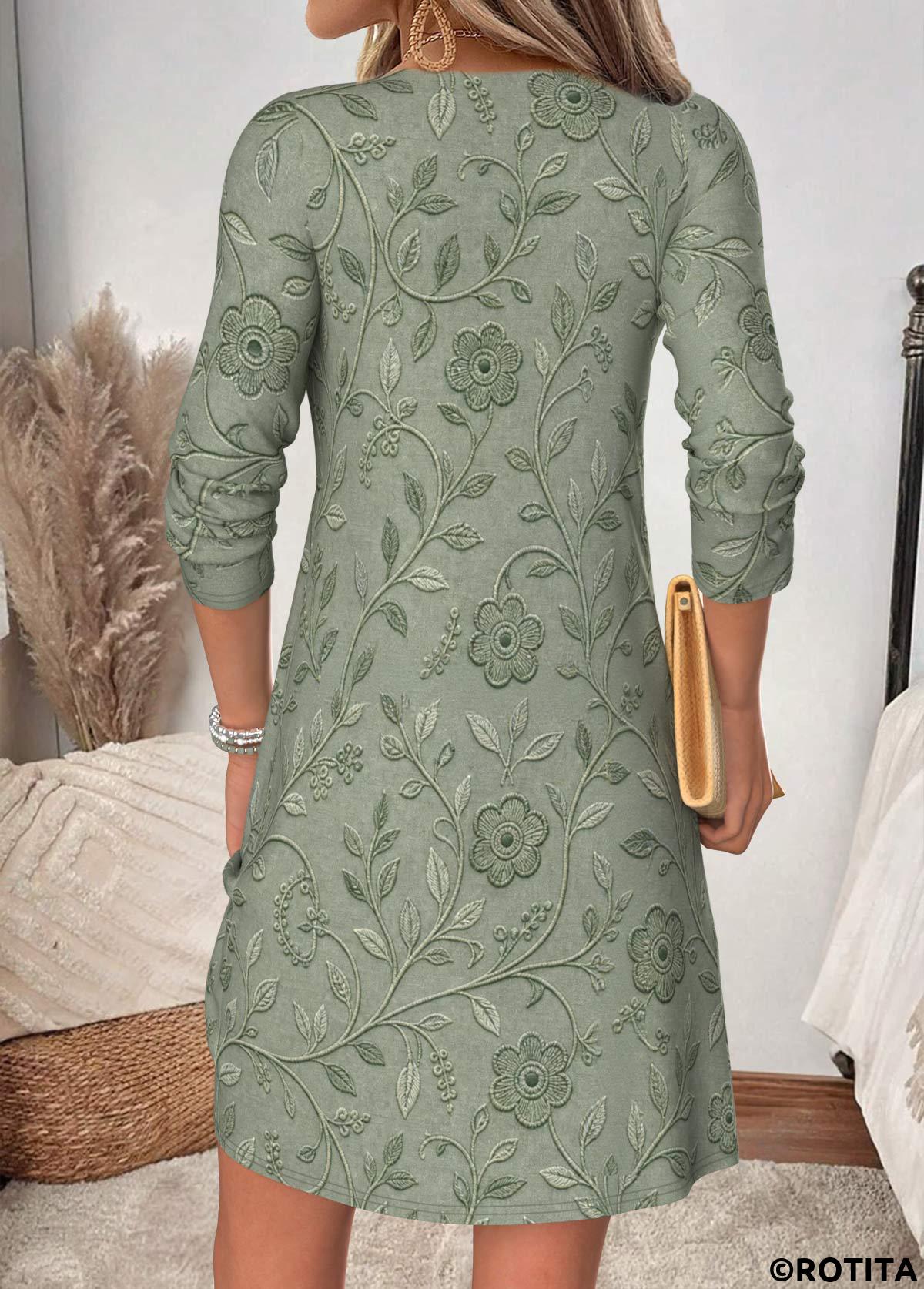 Sage Green dresses,Floral dresses,Plants dresses,Everyday dresses,Casual dresses,ROTITA Sage Green Floral Print Shirred Short Split Neck Dress
