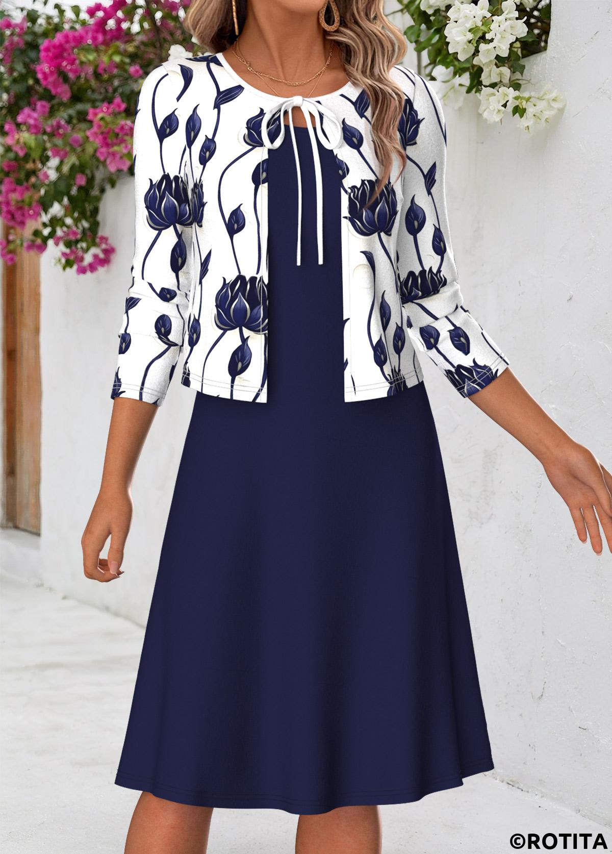 Navy dresses,Floral dresses,Plants dresses,Everyday dresses,Casual dresses,ROTITA Navy Floral Print Two-piece Round Neck Dress and Cardigan