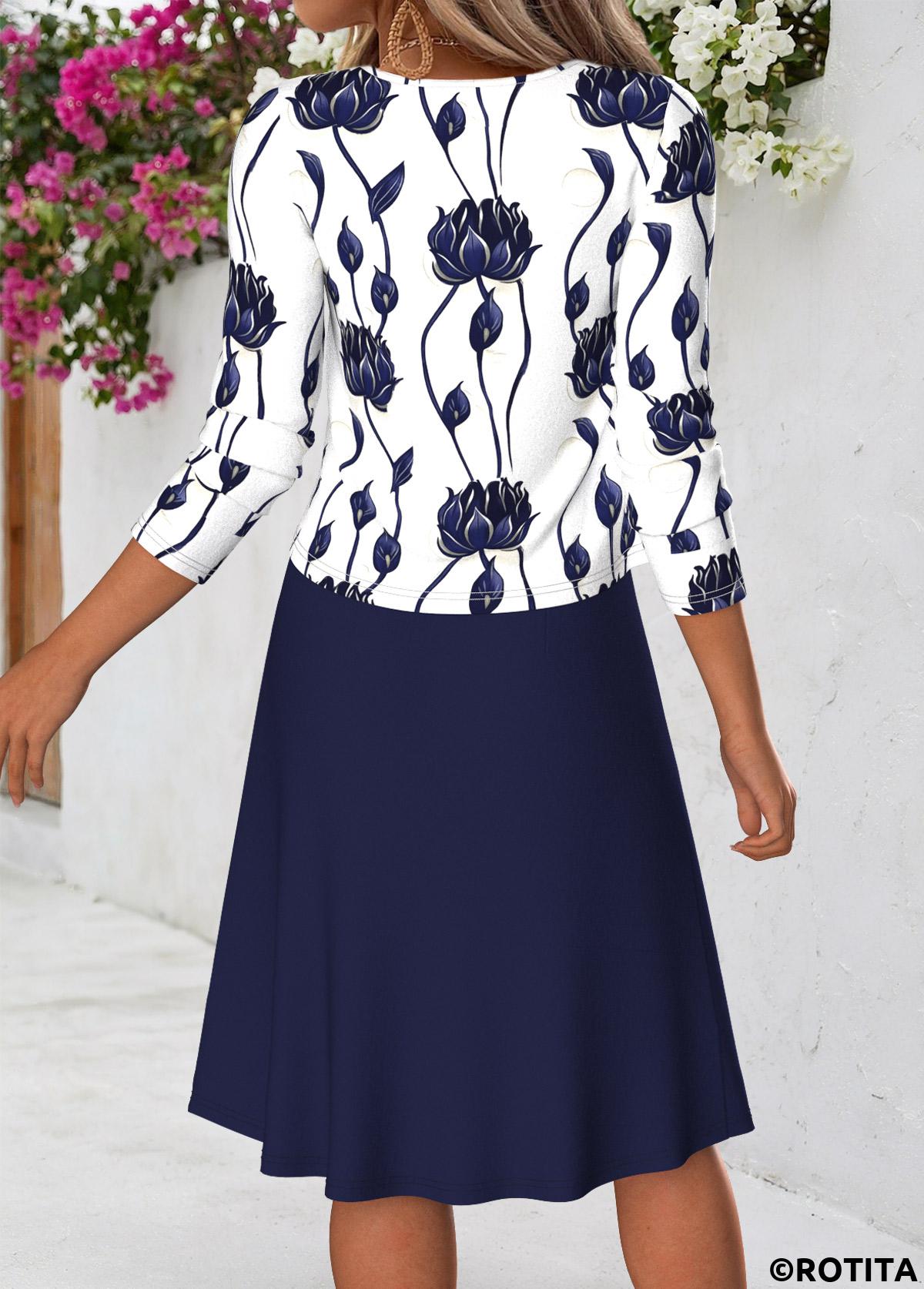 Navy dresses,Floral dresses,Plants dresses,Everyday dresses,Casual dresses,ROTITA Navy Floral Print Two-piece Round Neck Dress and Cardigan