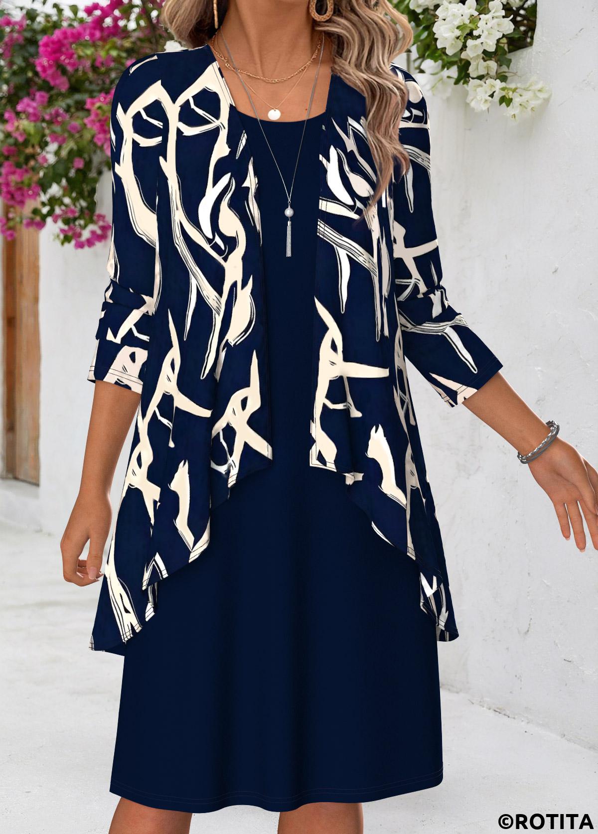 Navy dresses,Geometric dresses,Everyday dresses,Casual dresses,ROTITA Navy Geometric Print Tummy Coverage Dress and Cardigan