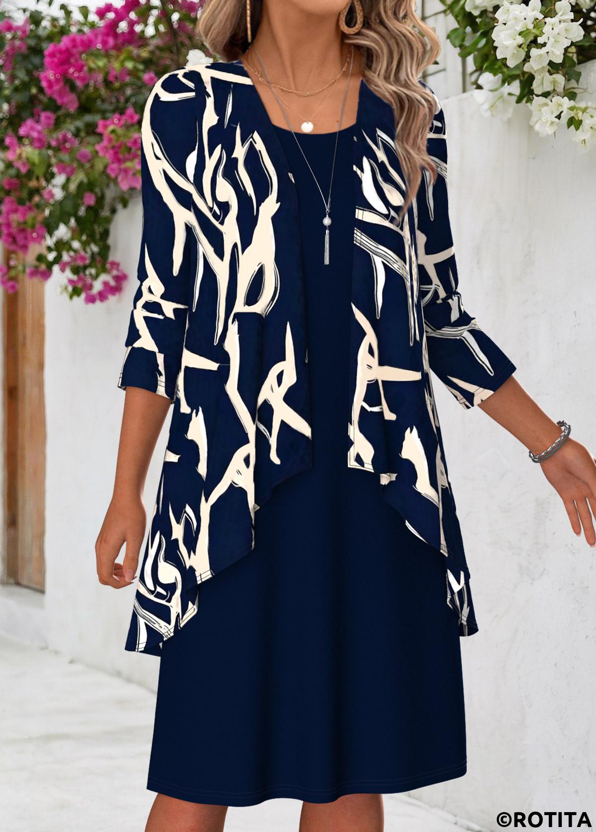 Navy dresses,Geometric dresses,Everyday dresses,Casual dresses,ROTITA Navy Geometric Print Tummy Coverage Dress and Cardigan