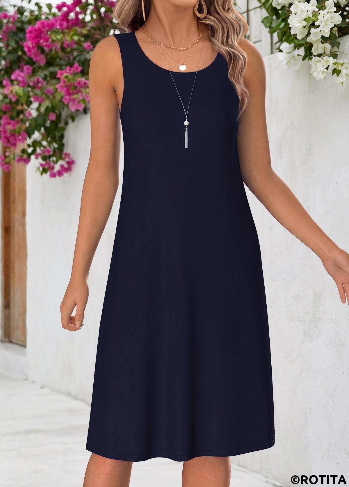Navy dresses,Geometric dresses,Everyday dresses,Casual dresses,ROTITA Navy Geometric Print Tummy Coverage Dress and Cardigan