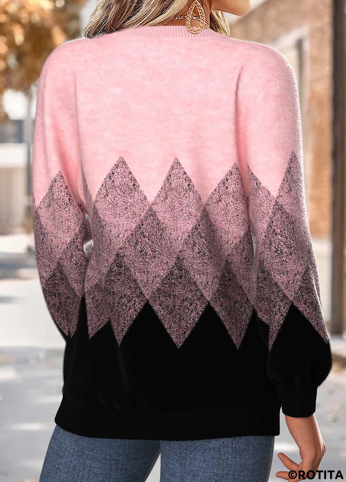 Pink tops,Geometric tops,ROTITA Tummy Coverage Geometric Print Pink Round Neck Sweatshirt