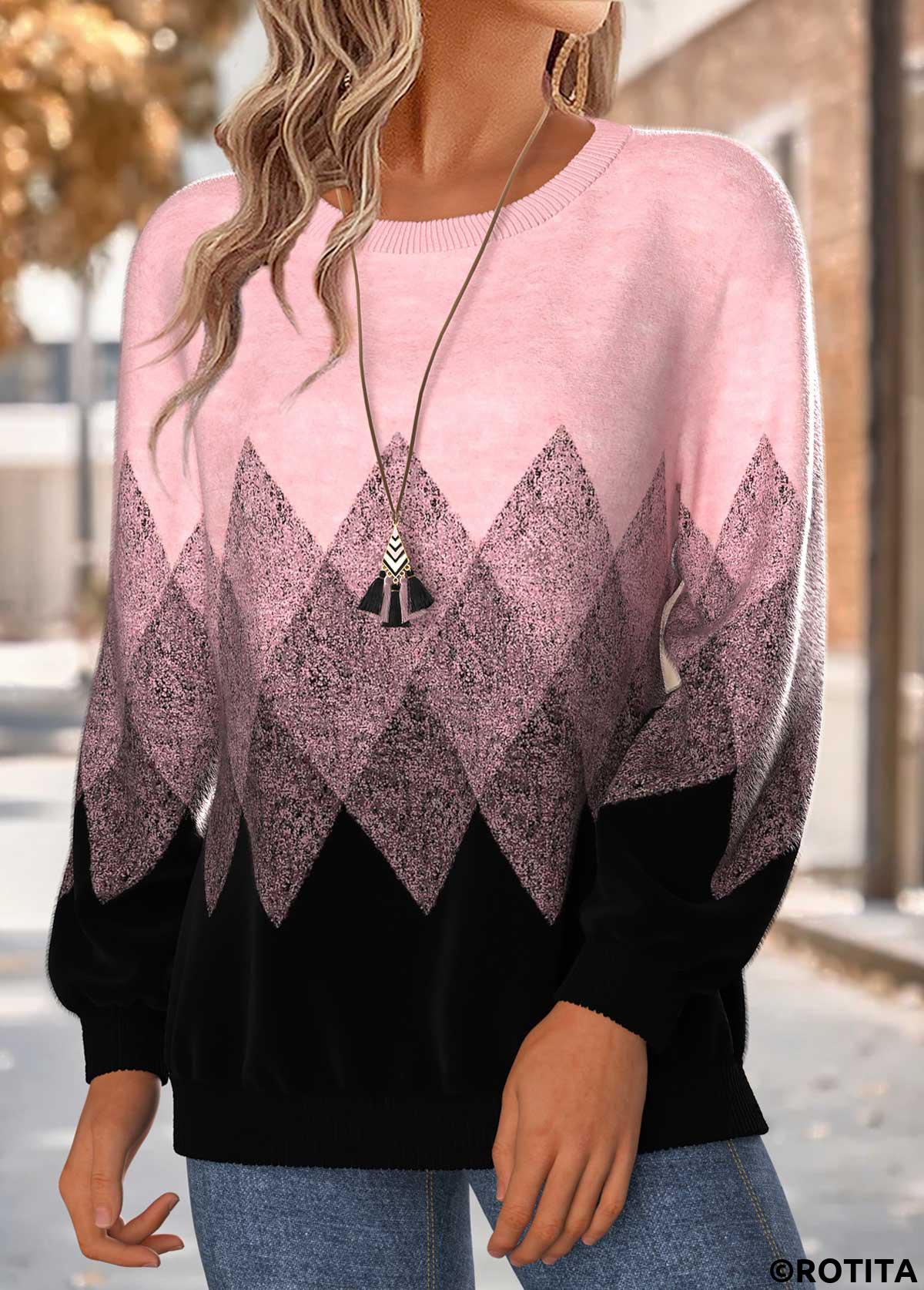 Pink tops,Geometric tops,ROTITA Tummy Coverage Geometric Print Pink Round Neck Sweatshirt