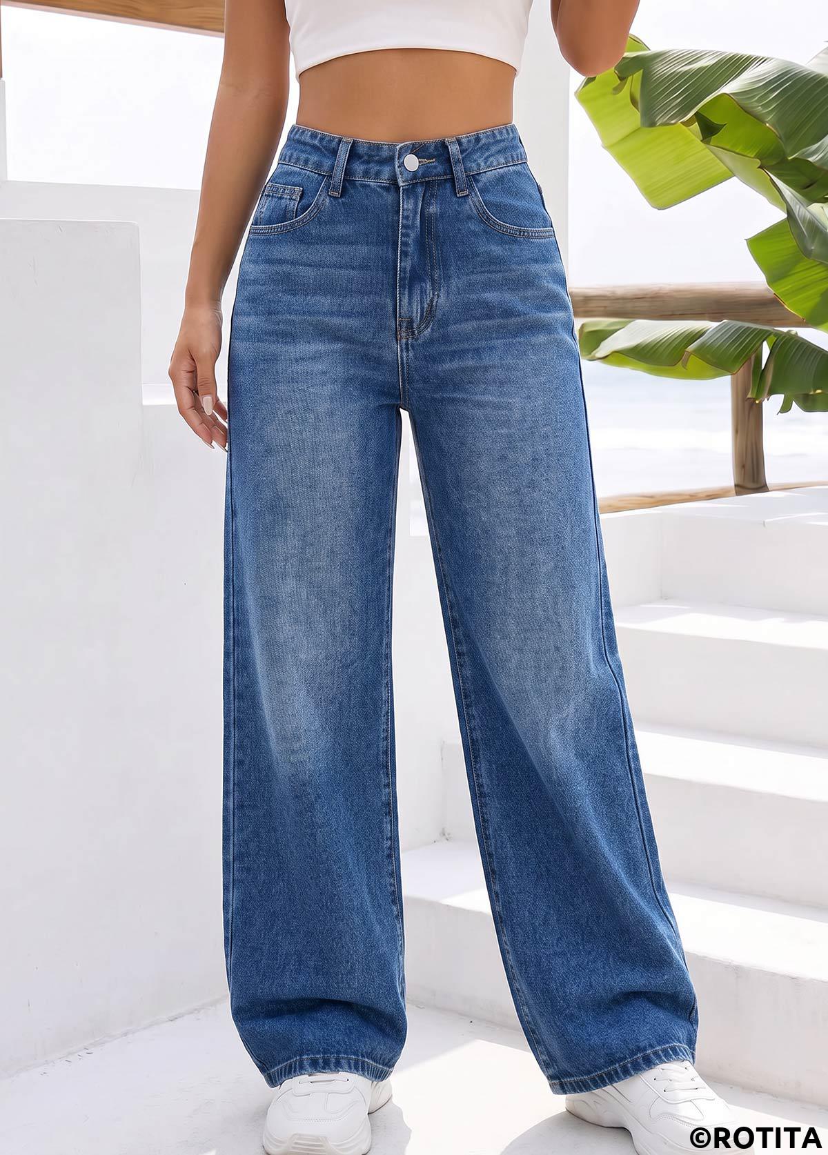 Denim Blue bottoms,Plain Color bottoms,ROTITA Denim Blue Wide Leg Button Fly High Waisted Jeans
