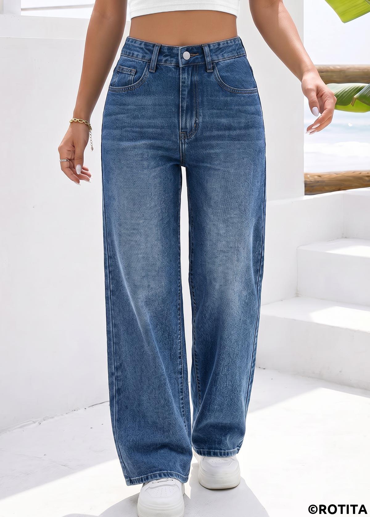 Denim Blue bottoms,Plain Color bottoms,ROTITA Denim Blue Wide Leg Button Fly High Waisted Jeans