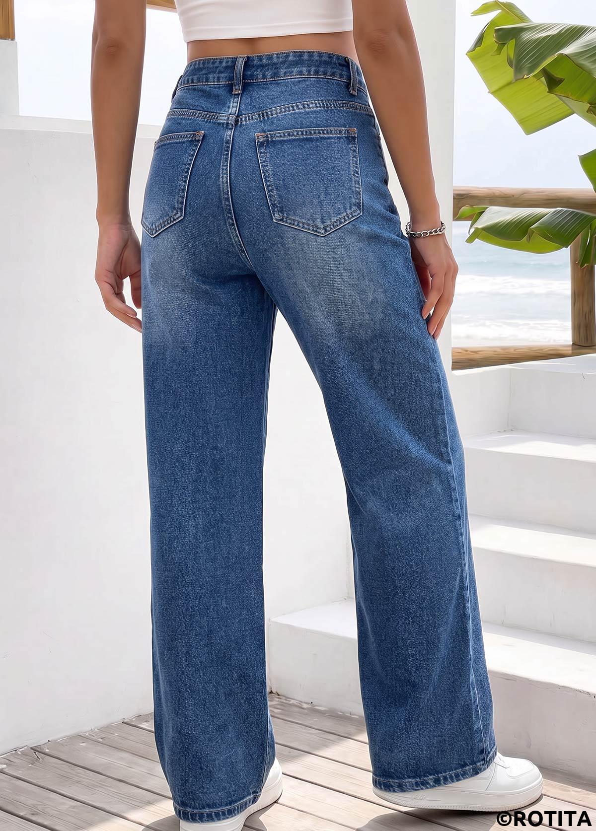 Denim Blue bottoms,Plain Color bottoms,ROTITA Denim Blue Wide Leg Button Fly High Waisted Jeans