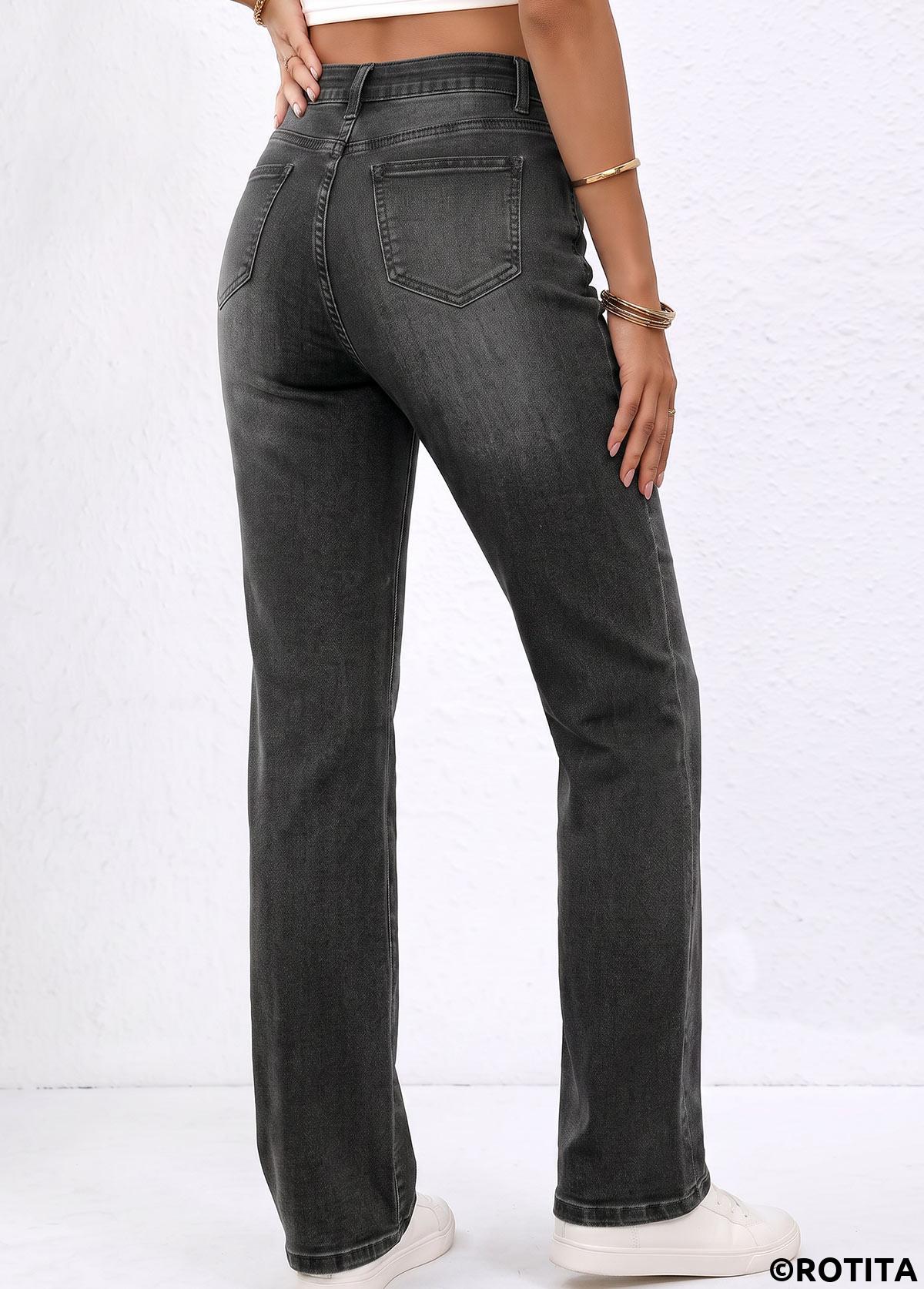 Denim Blue bottoms,Plain Color bottoms,ROTITA Denim Blue Straight Leg Button Fly High Waisted Jeans