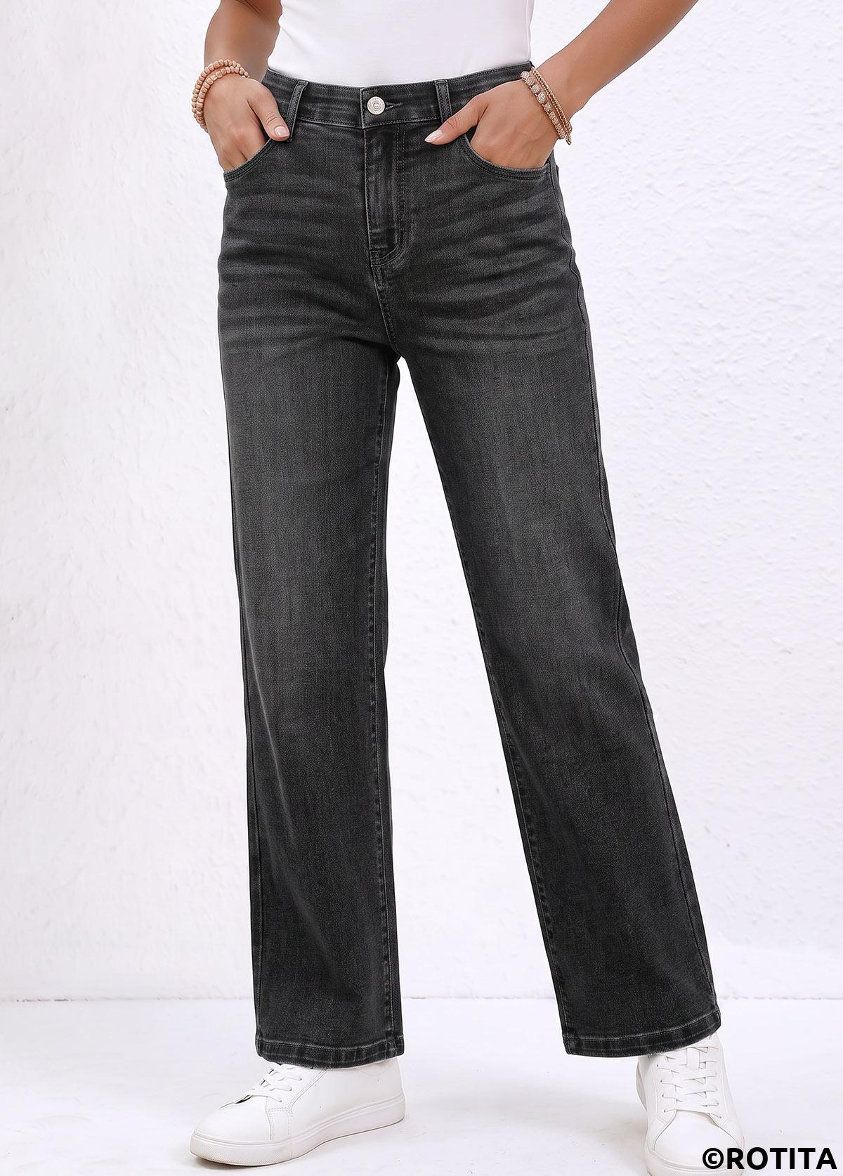 Denim Blue bottoms,Plain Color bottoms,ROTITA Denim Blue Straight Leg Button Fly High Waisted Jeans