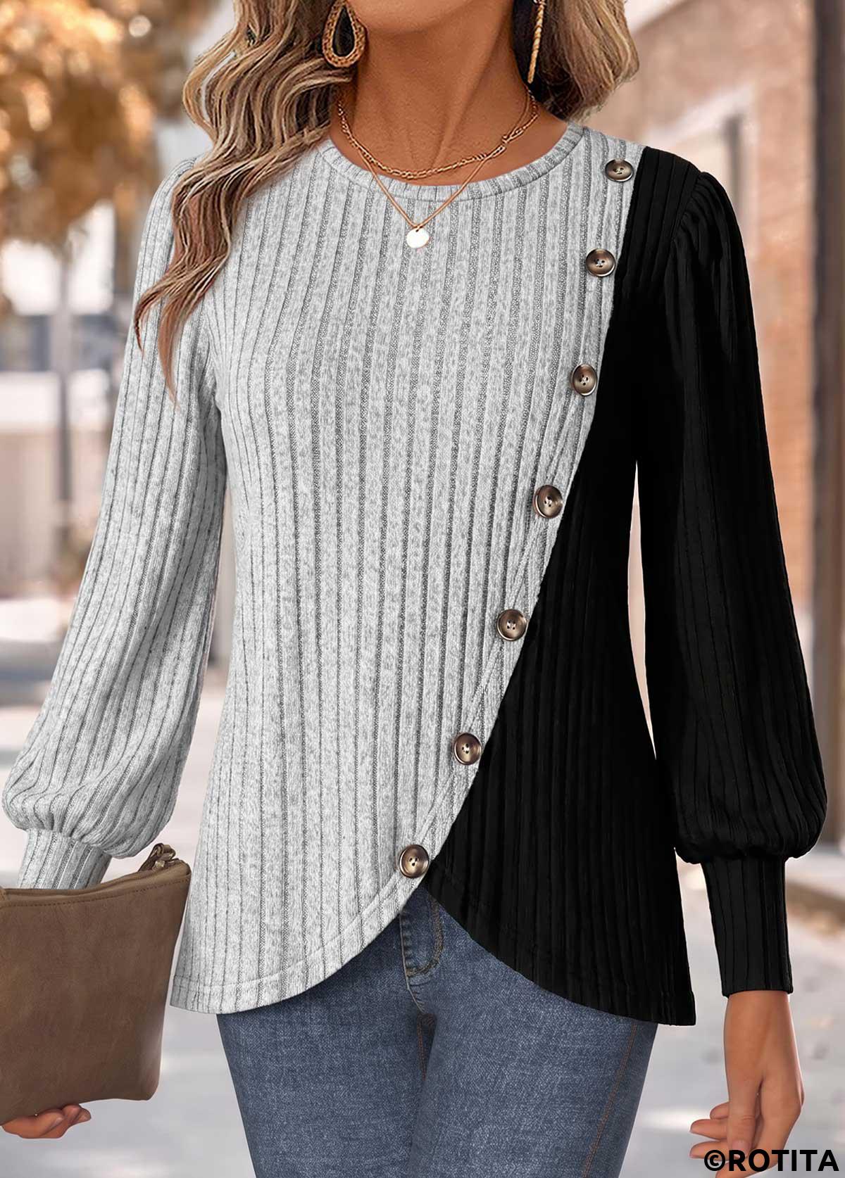 Grey tops,Contrast Color tops,ROTITA Patchwork Grey Round Neck Long Sleeve T Shirt