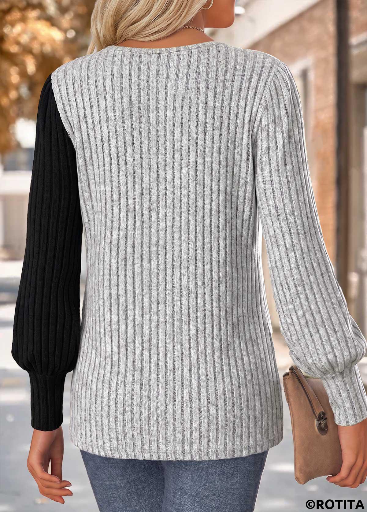 Grey tops,Contrast Color tops,ROTITA Patchwork Grey Round Neck Long Sleeve T Shirt