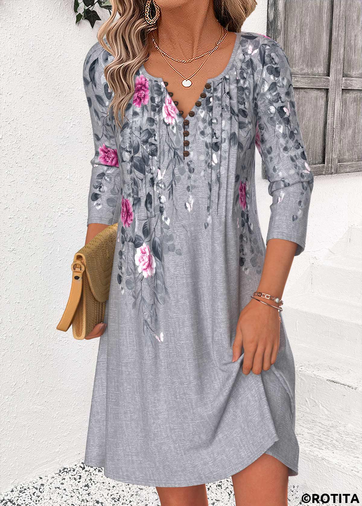 Dark Grey Marl dresses,Floral dresses,Plants dresses,Everyday dresses,Casual dresses,ROTITA Dark Grey Marl Floral Print Tuck Stitch Short Dress