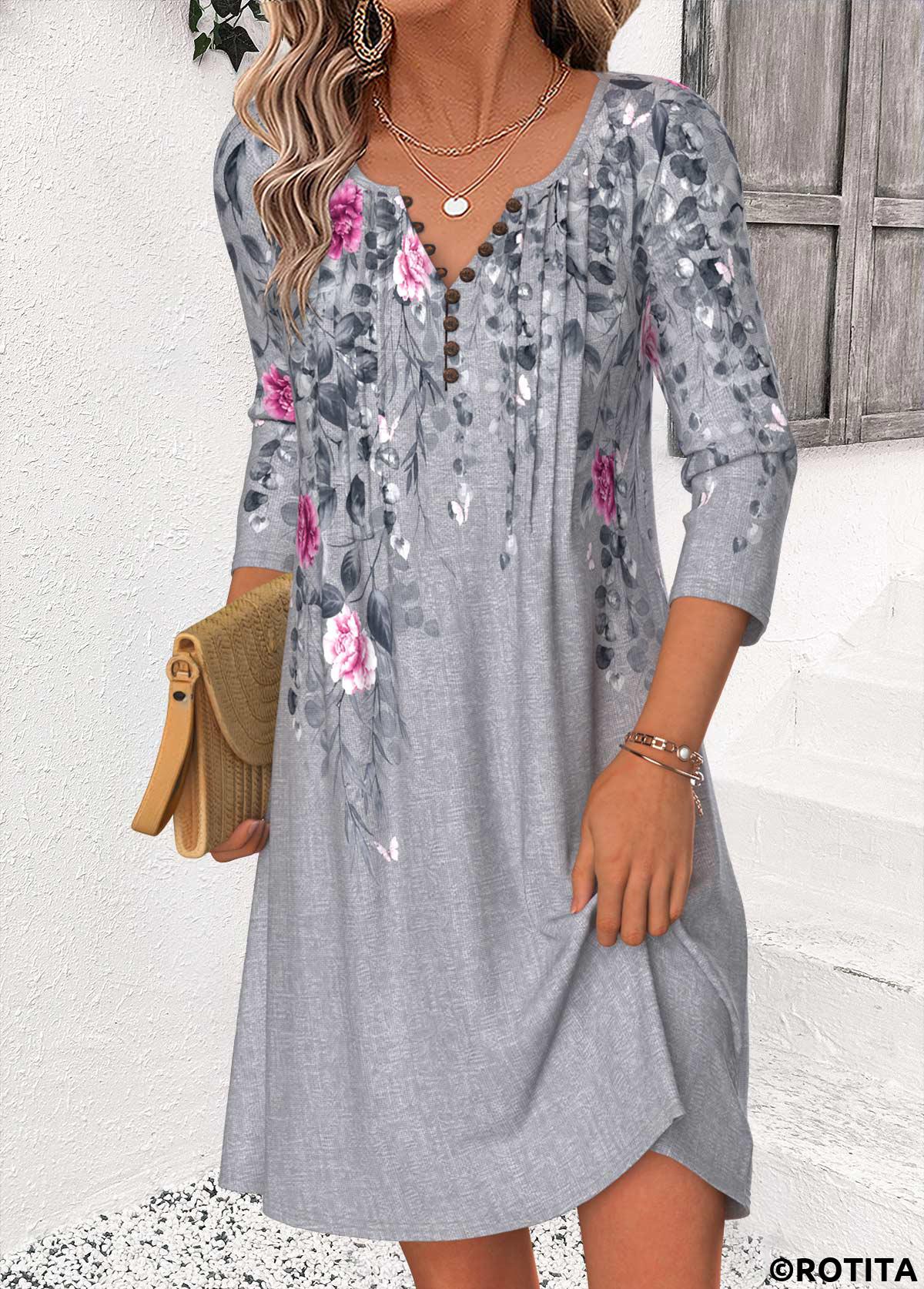 Dark Grey Marl dresses,Floral dresses,Plants dresses,Everyday dresses,Casual dresses,ROTITA Dark Grey Marl Floral Print Tuck Stitch Short Dress