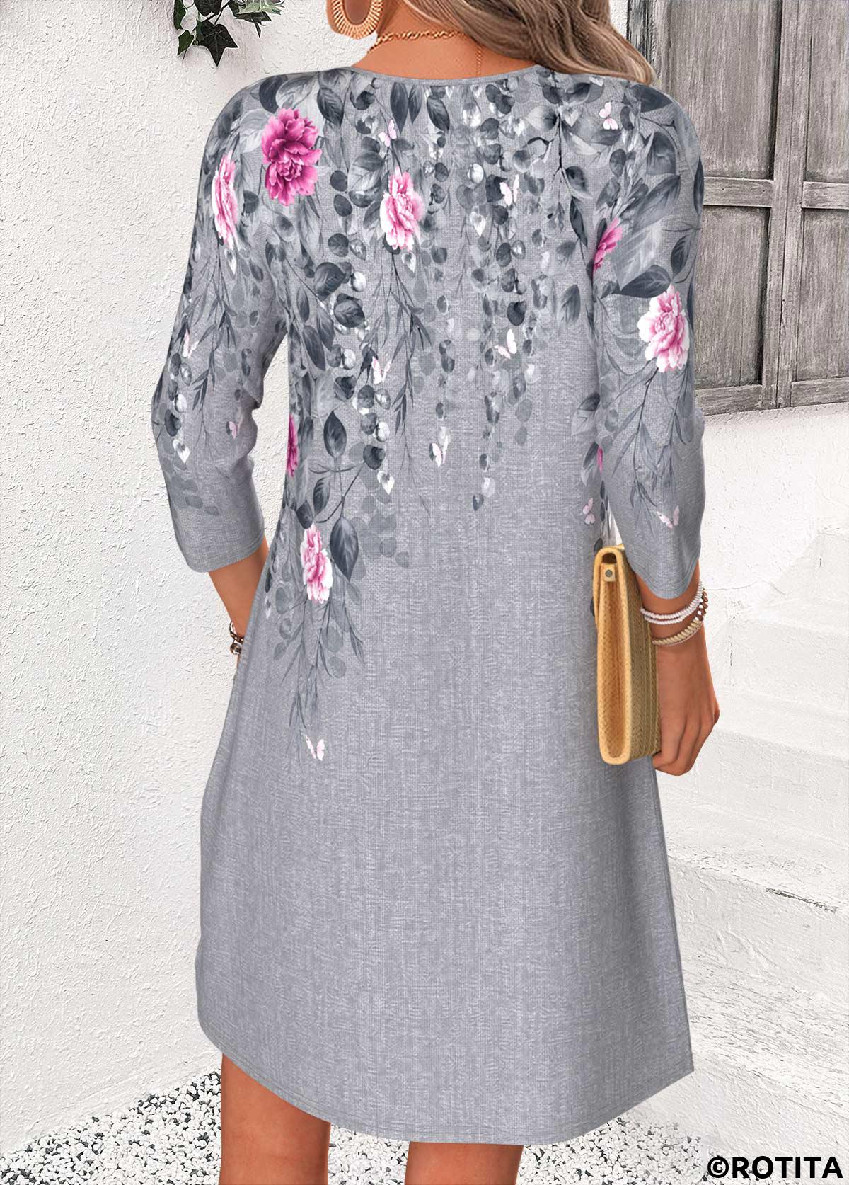 Dark Grey Marl dresses,Floral dresses,Plants dresses,Everyday dresses,Casual dresses,ROTITA Dark Grey Marl Floral Print Tuck Stitch Short Dress