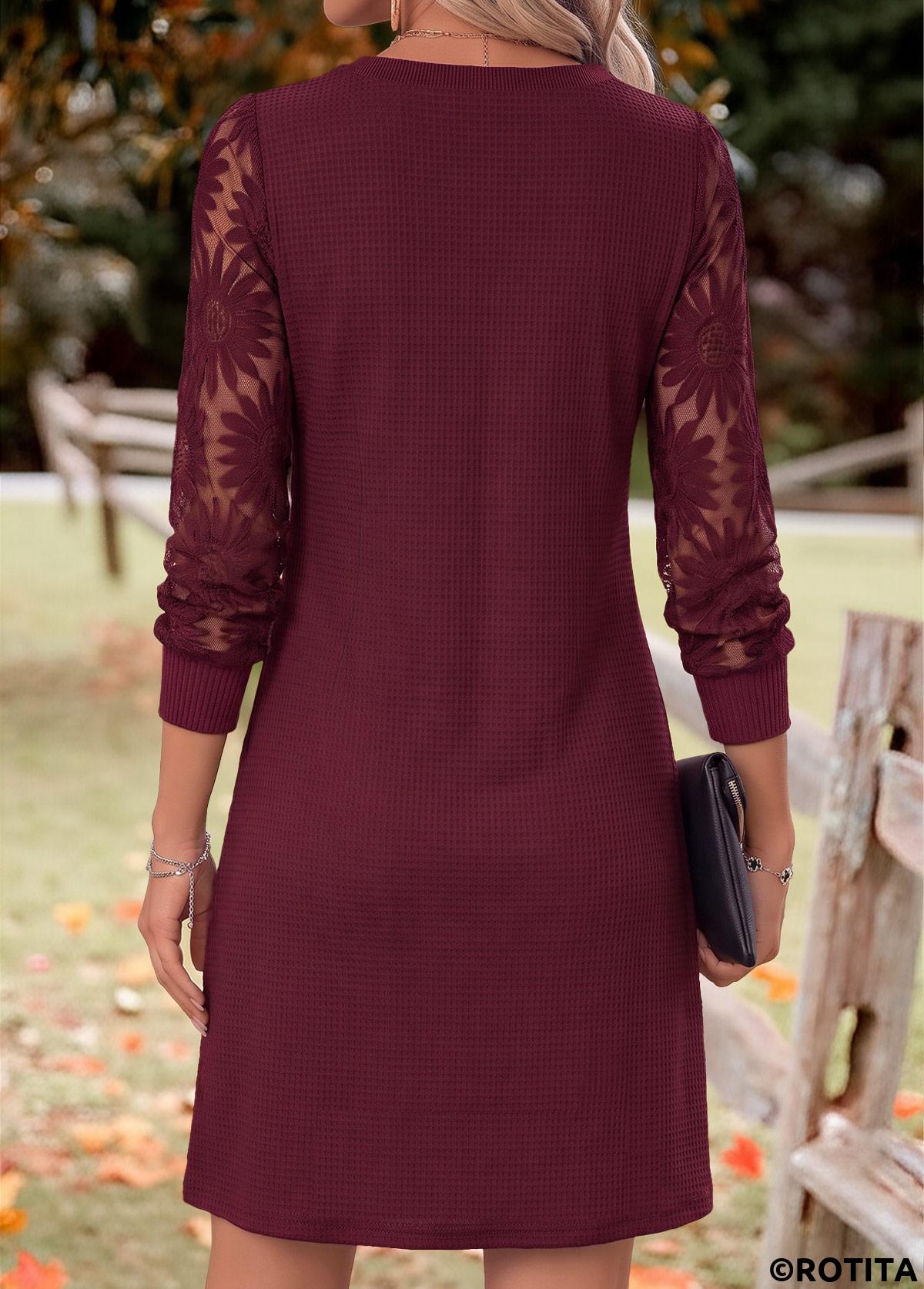 Deep Red dresses,Plain Color dresses,Everyday dresses,Casual dresses,ROTITA Deep Red Patchwork V Neck Long Sleeve Dress