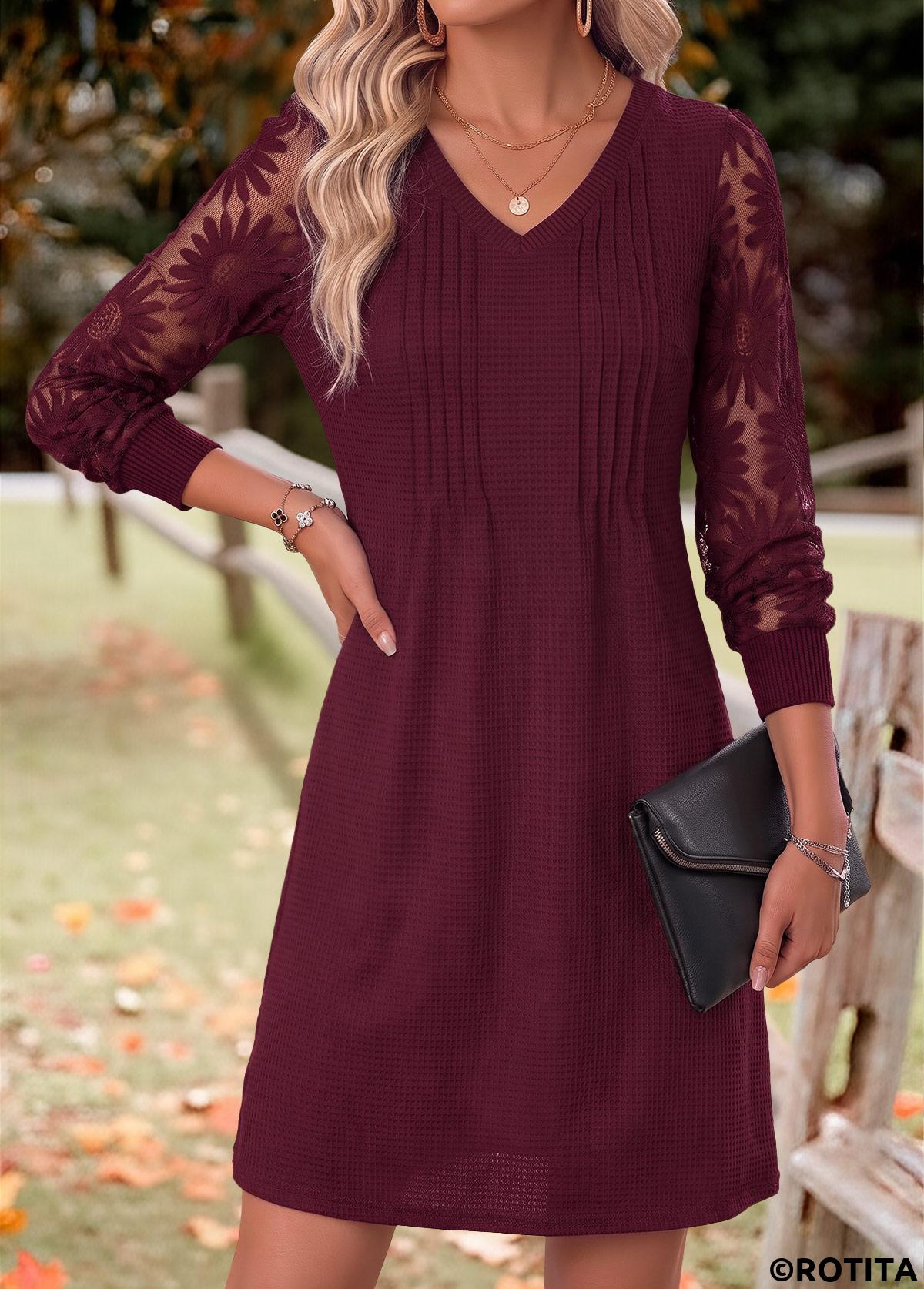 Deep Red dresses,Plain Color dresses,Everyday dresses,Casual dresses,ROTITA Deep Red Patchwork V Neck Long Sleeve Dress