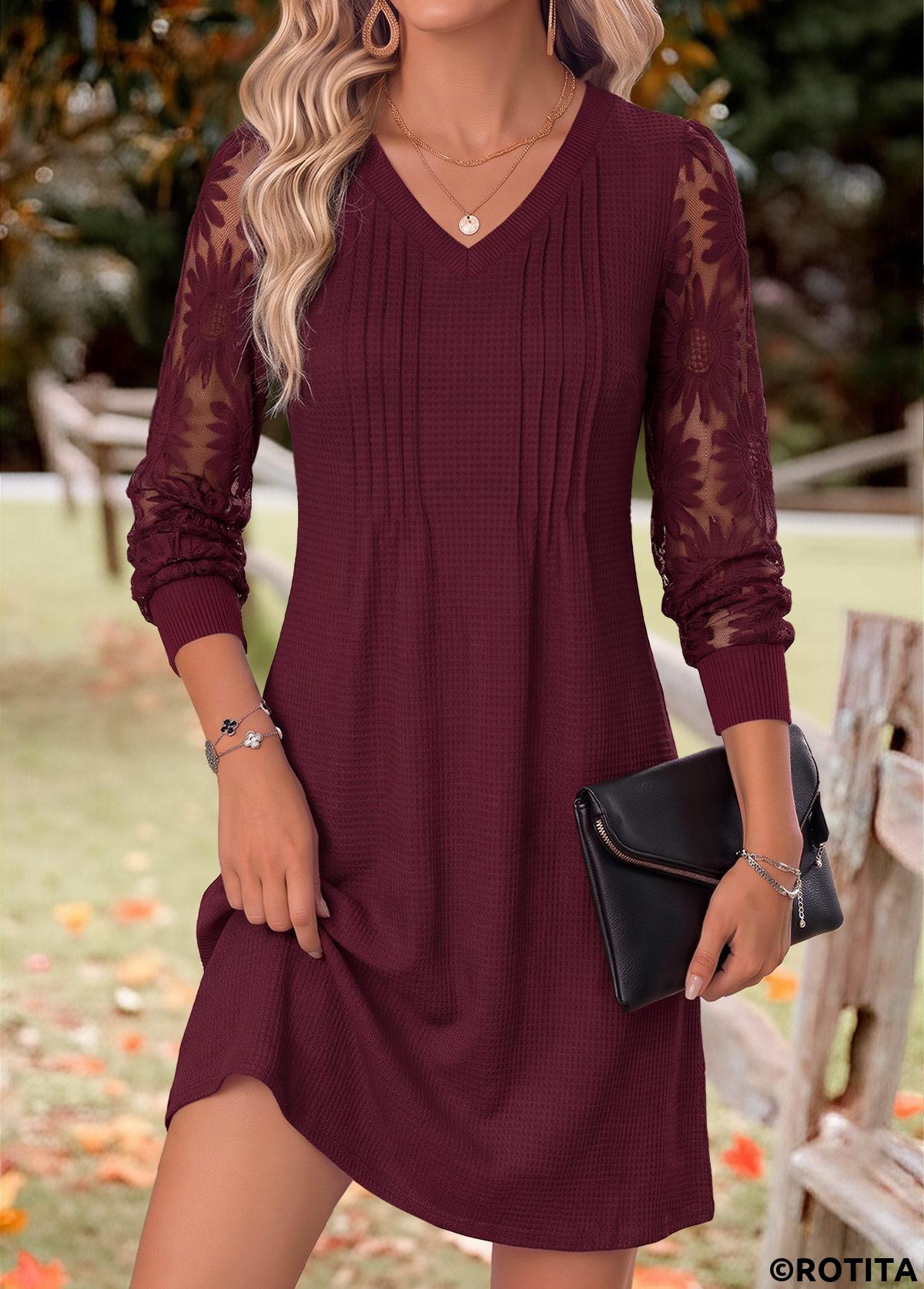 Deep Red dresses,Plain Color dresses,Everyday dresses,Casual dresses,ROTITA Deep Red Patchwork V Neck Long Sleeve Dress