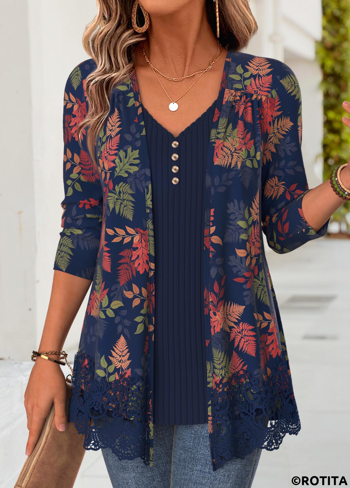 Navy tops,Plants tops,ROTITA Leaf Print Navy V Neck Fake Two Piece Twinset