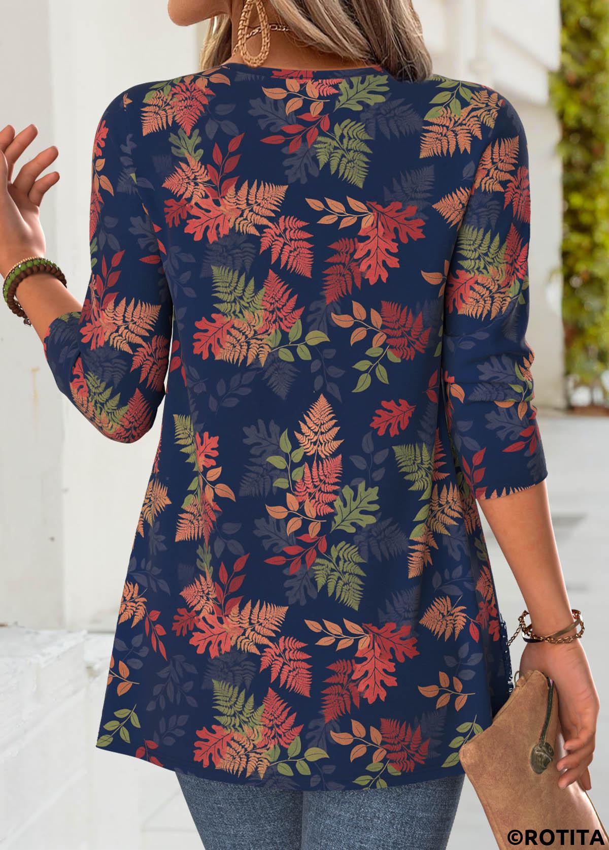 Navy tops,Plants tops,ROTITA Leaf Print Navy V Neck Fake Two Piece Twinset