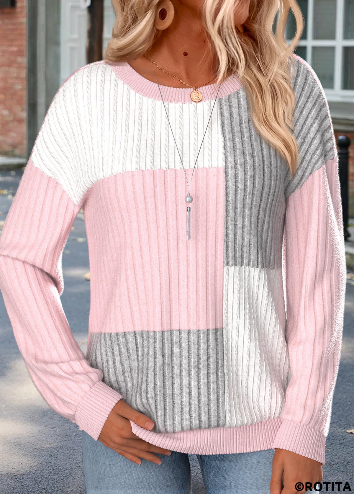 Multi Color tops,Contrast Color tops,ROTITA Multi Color Round Neck Long Sleeve Sweatshirt