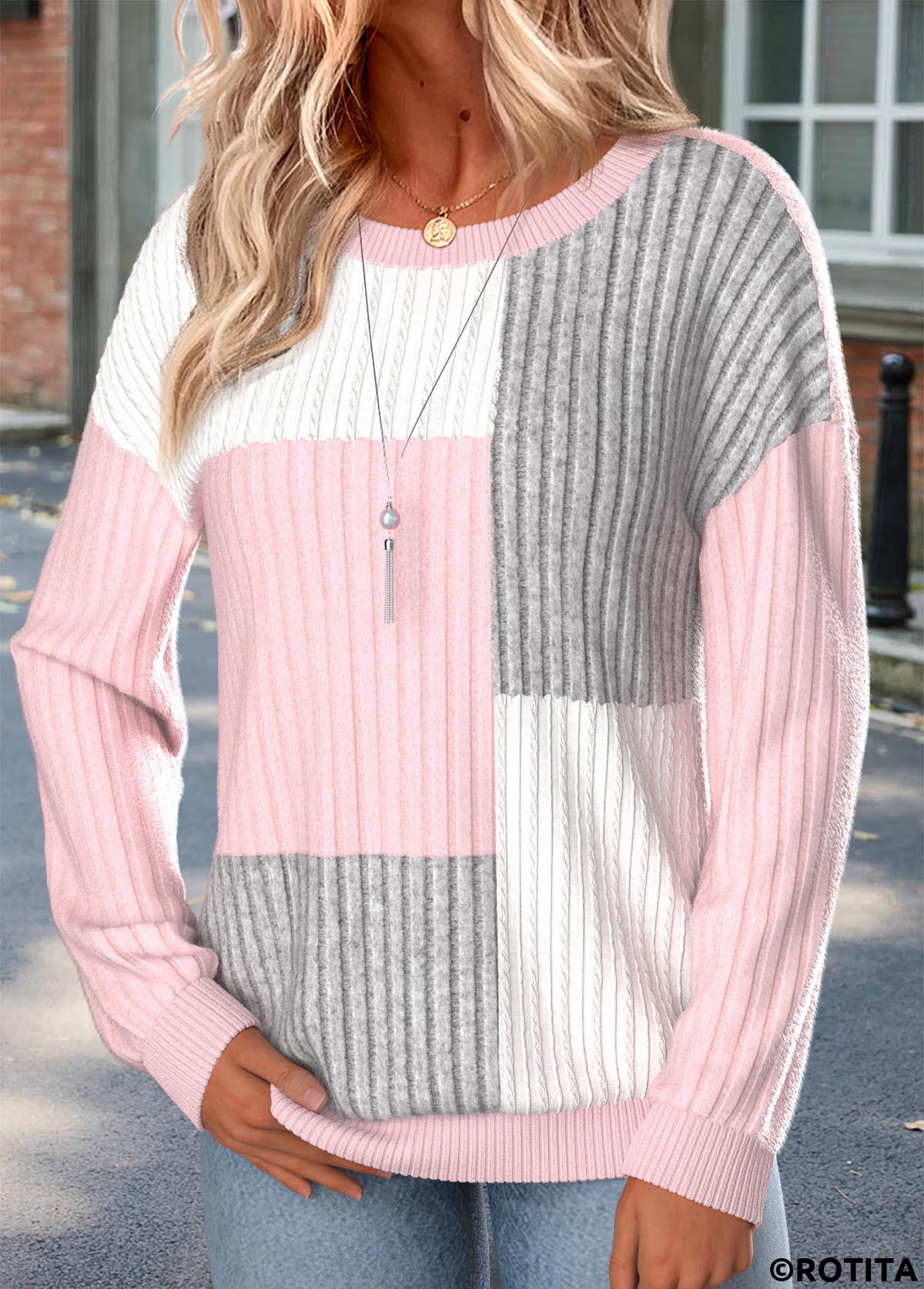 Multi Color tops,Contrast Color tops,ROTITA Multi Color Round Neck Long Sleeve Sweatshirt
