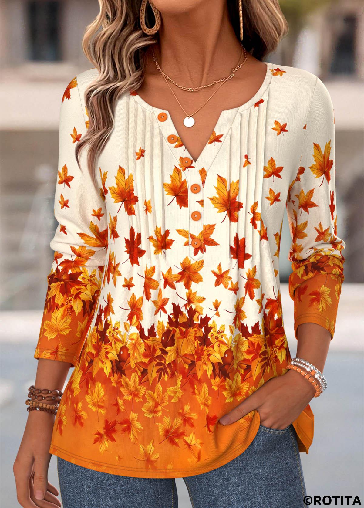 Orange tops,Plants tops,ROTITA Tuck Stitch Leaf Print Orange Split Neck T Shirt