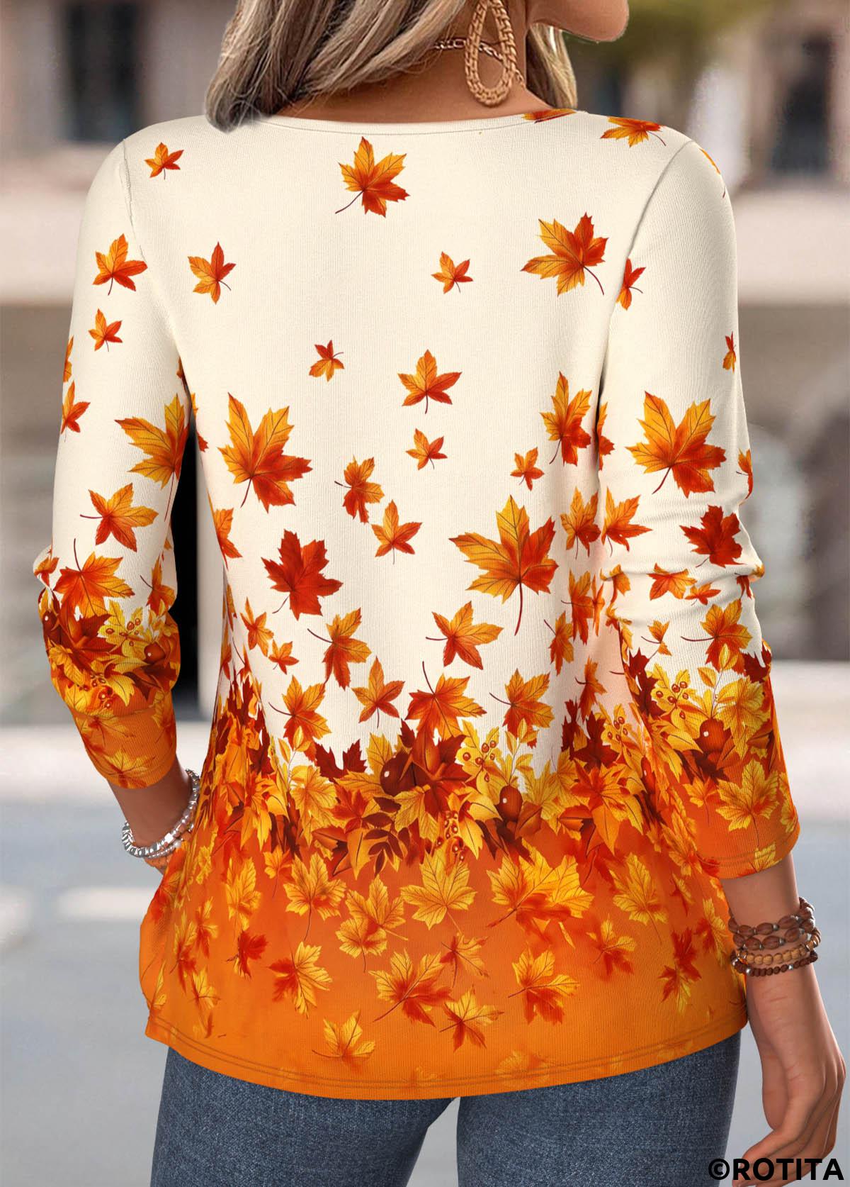 Orange tops,Plants tops,ROTITA Tuck Stitch Leaf Print Orange Split Neck T Shirt