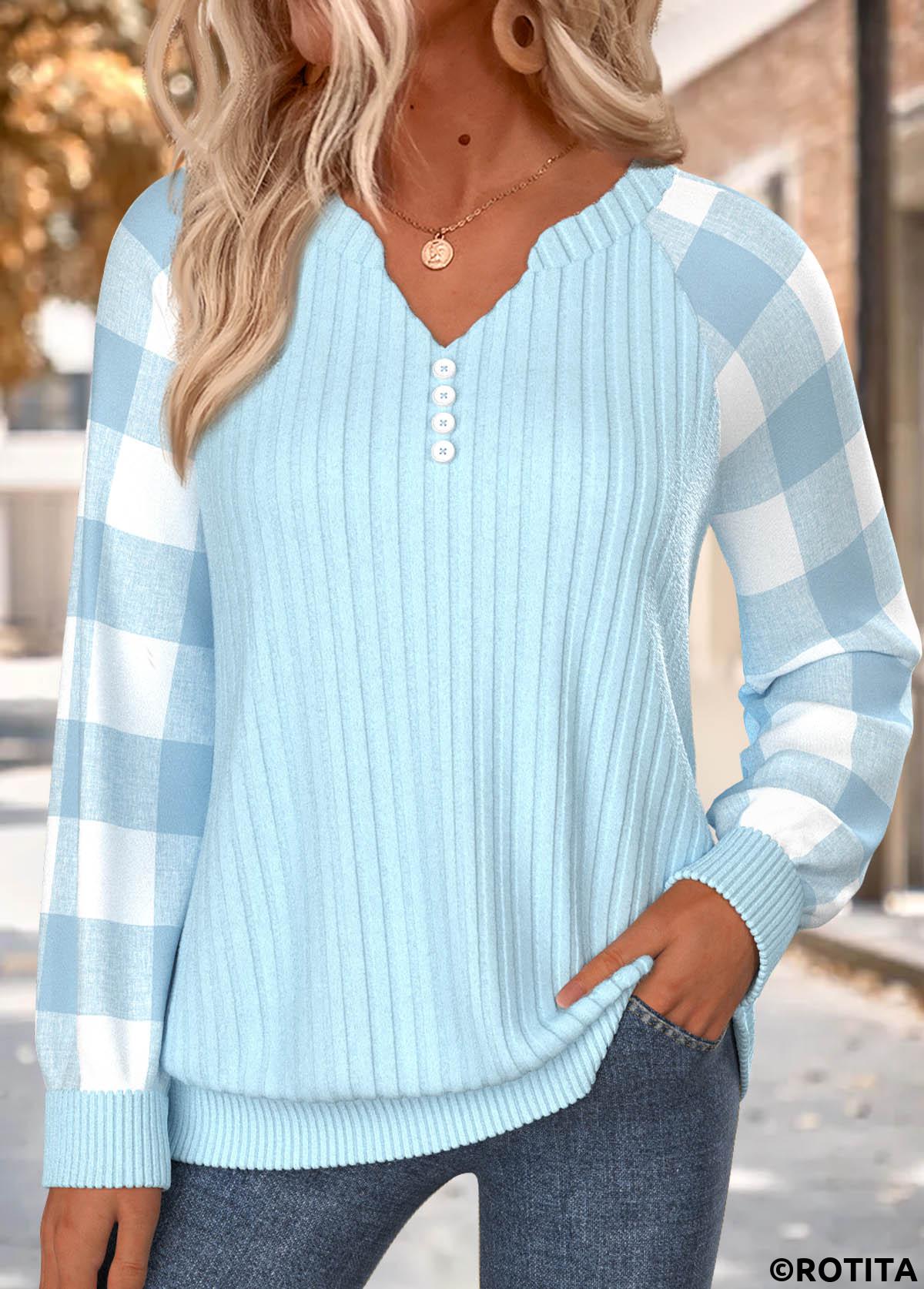 Light Blue tops,Plaid tops,Geometric tops,ROTITA Button Plaid Light Blue Split Neck Long Sleeve Sweatshirt