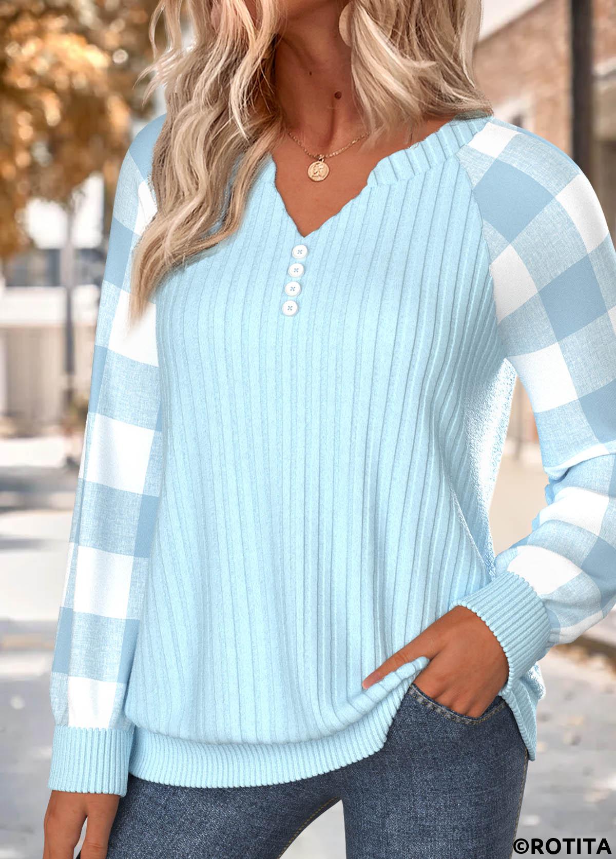 Light Blue tops,Plaid tops,Geometric tops,ROTITA Button Plaid Light Blue Split Neck Long Sleeve Sweatshirt