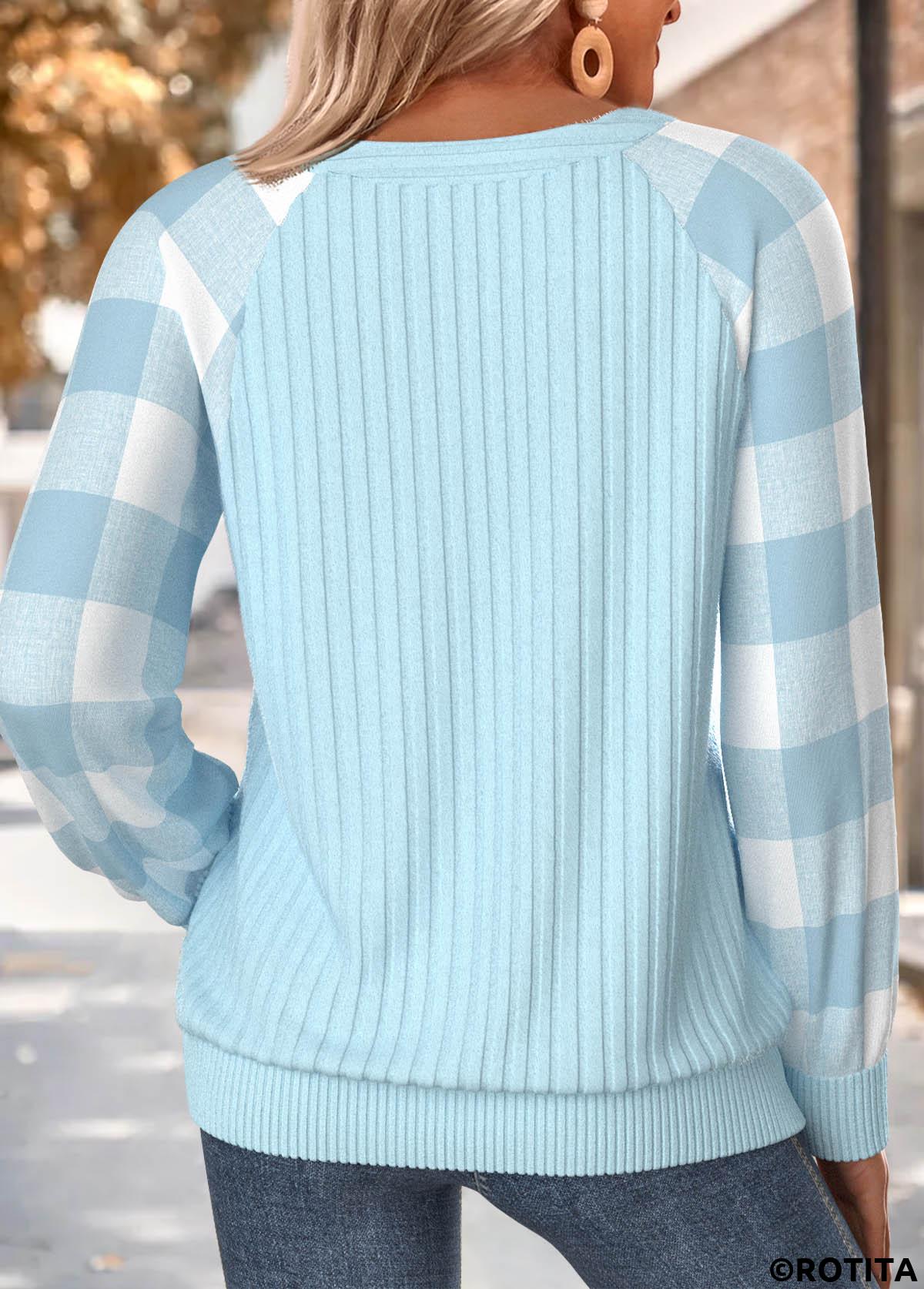 Light Blue tops,Plaid tops,Geometric tops,ROTITA Button Plaid Light Blue Split Neck Long Sleeve Sweatshirt