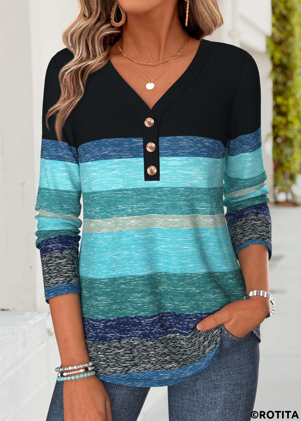 Blue tops,Striped tops,Geometric tops,ROTITA Patchwork Striped Blue V Neck Long Sleeve T Shirt