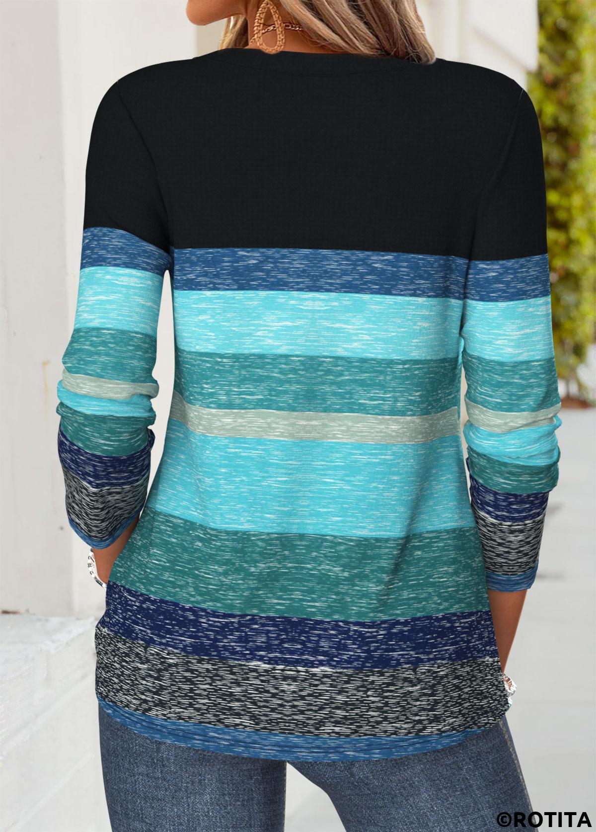 Blue tops,Striped tops,Geometric tops,ROTITA Patchwork Striped Blue V Neck Long Sleeve T Shirt