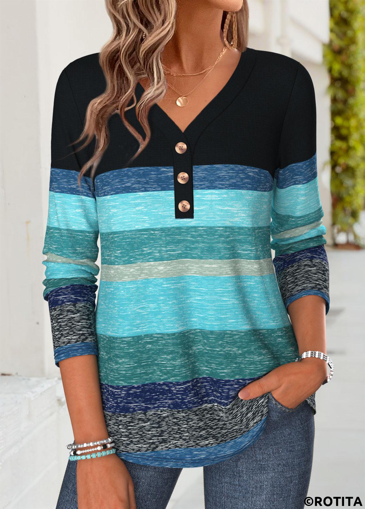 Blue tops,Striped tops,Geometric tops,ROTITA Patchwork Striped Blue V Neck Long Sleeve T Shirt