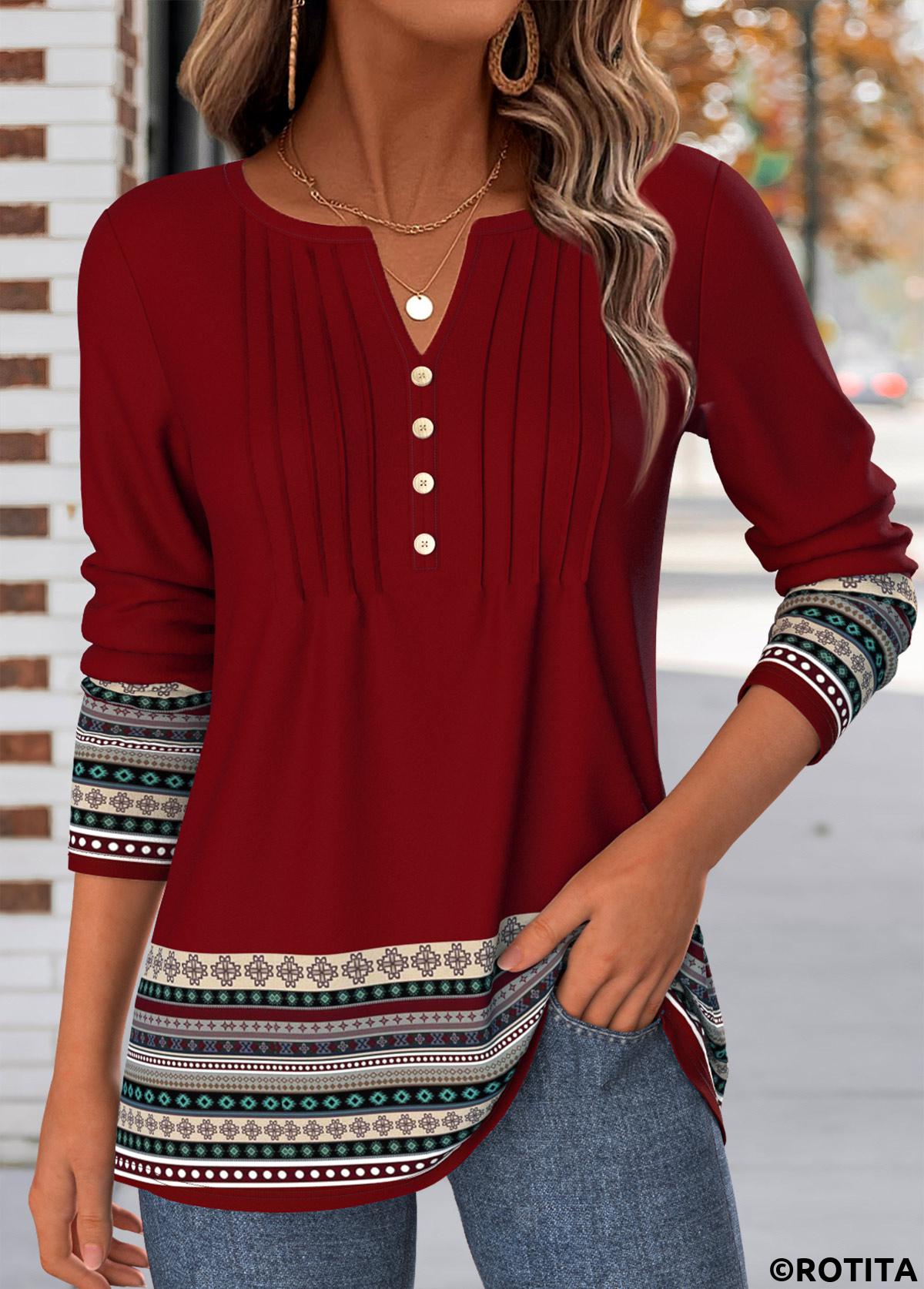 Deep Red tops,Tribal tops,ROTITA Tuck Stitch Tribal Print Deep Red T Shirt