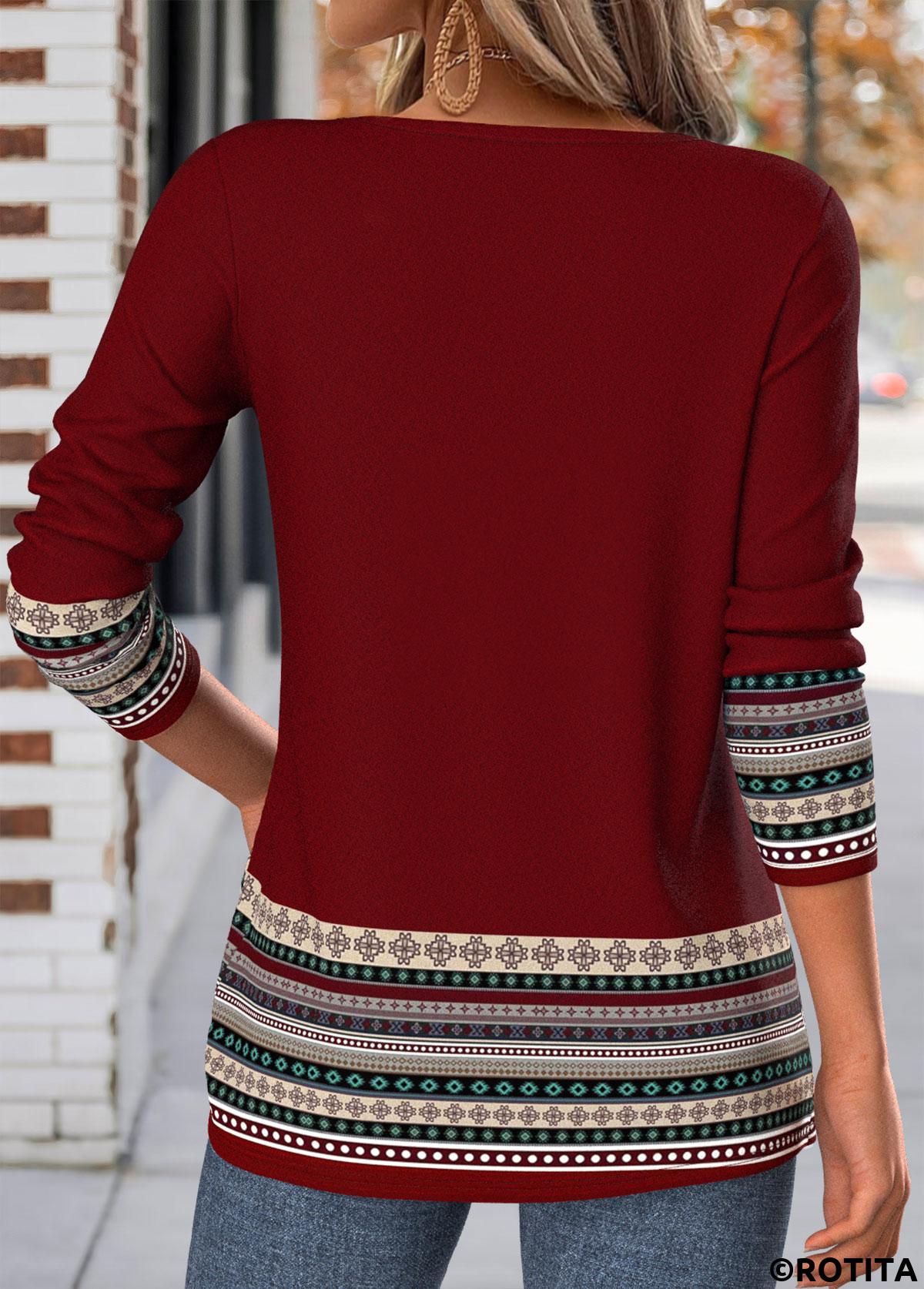 Deep Red tops,Tribal tops,ROTITA Tuck Stitch Tribal Print Deep Red T Shirt