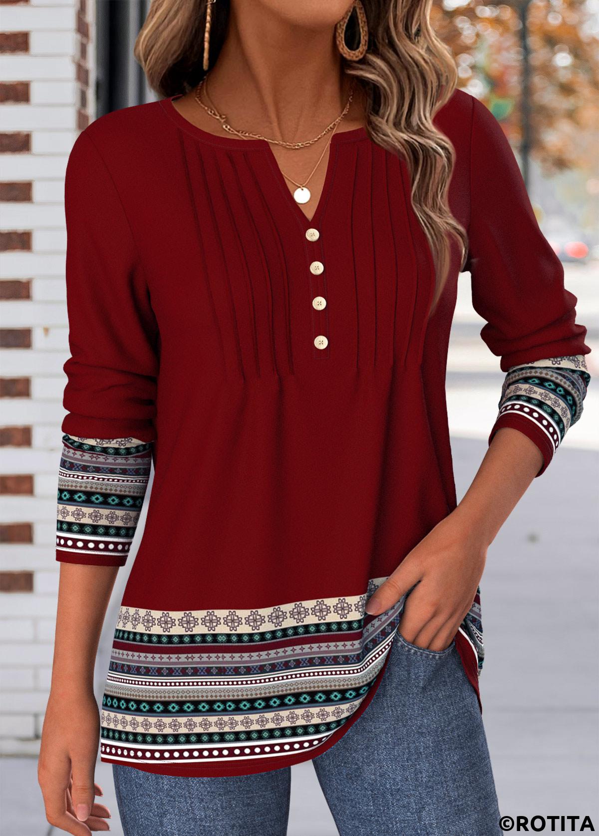 Deep Red tops,Tribal tops,ROTITA Tuck Stitch Tribal Print Deep Red T Shirt