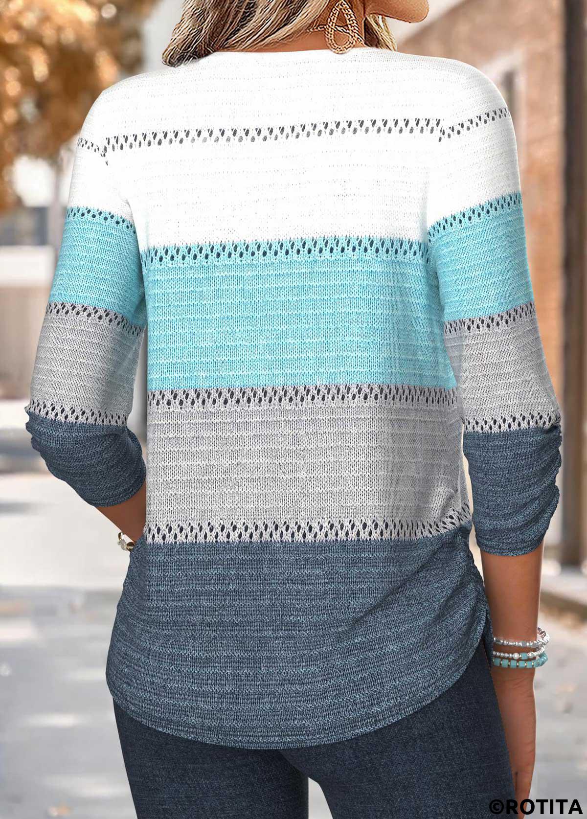 Blue tops,Striped tops,Geometric tops,ROTITA Shirred Striped Blue 3/4 Sleeve Blouse