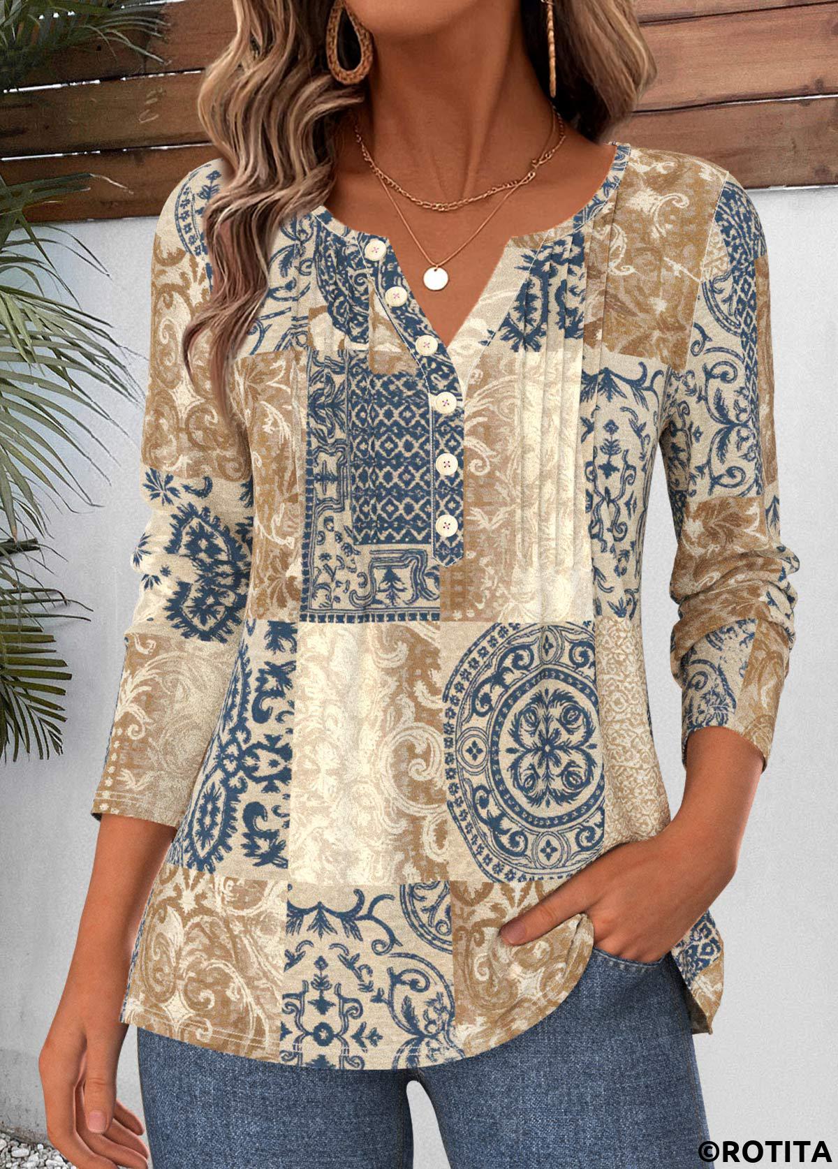 Multi Color tops,Tribal tops,ROTITA Tuck Stitch Tribal Print Multi Color T Shirt